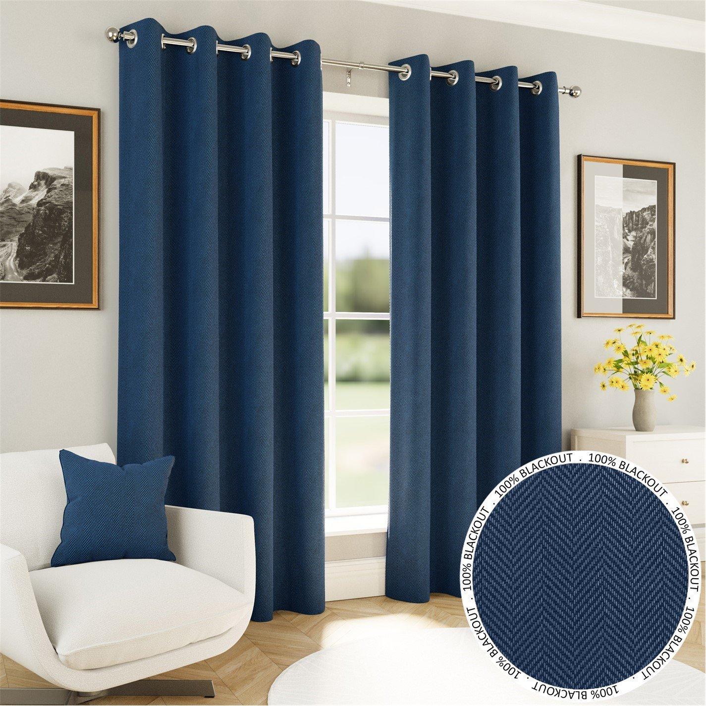 Enhanced Living  Chester 100% Blackout Herringbone Eyelet Curtains - Navy - 117x183cm