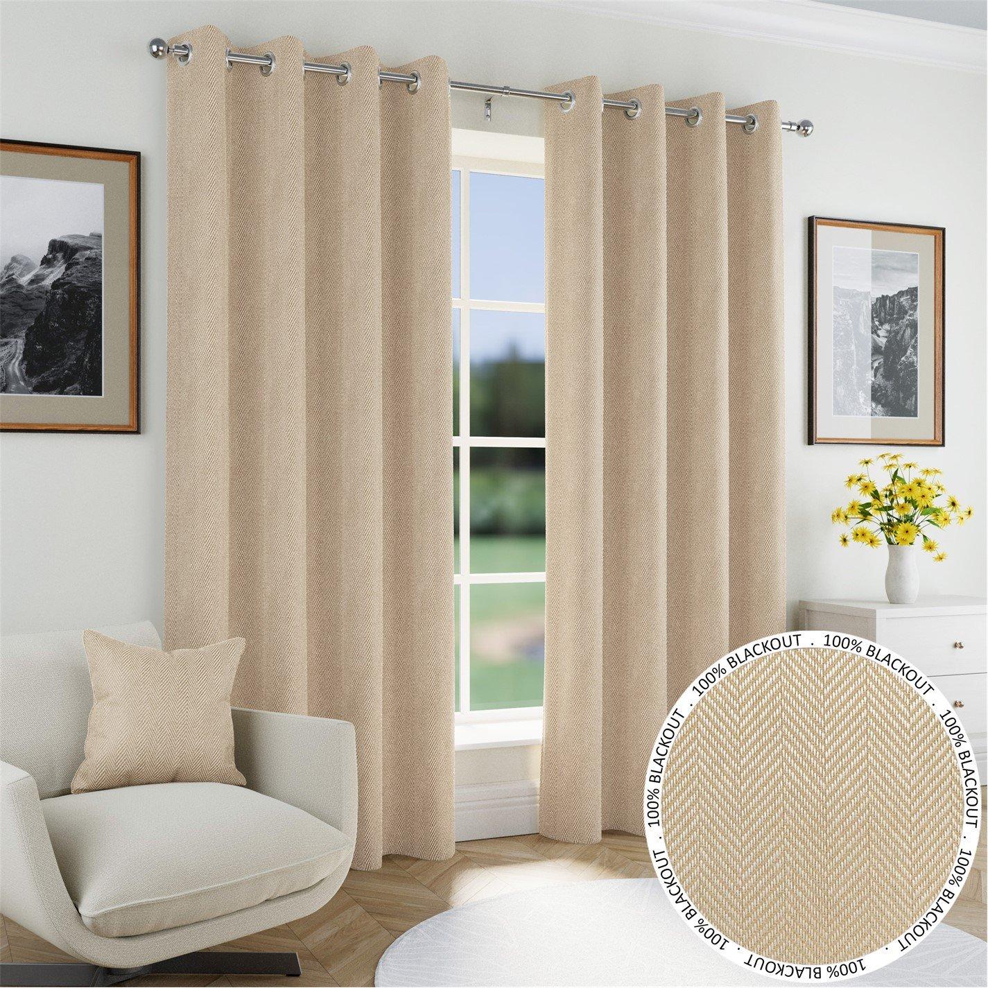 Natural - Enhanced Living - Chester 100% Blackout Herringbone Eyelet Curtains - 1