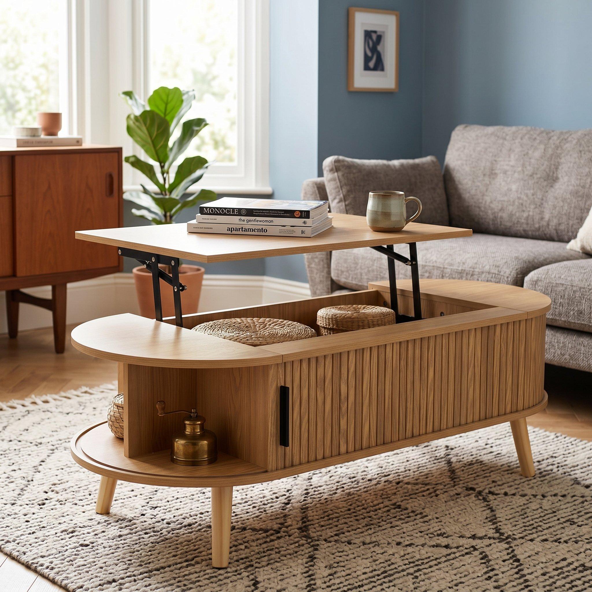 Wood - Urban Meuble - Lift Up Oval Coffee Table With Hidden Storage - 1