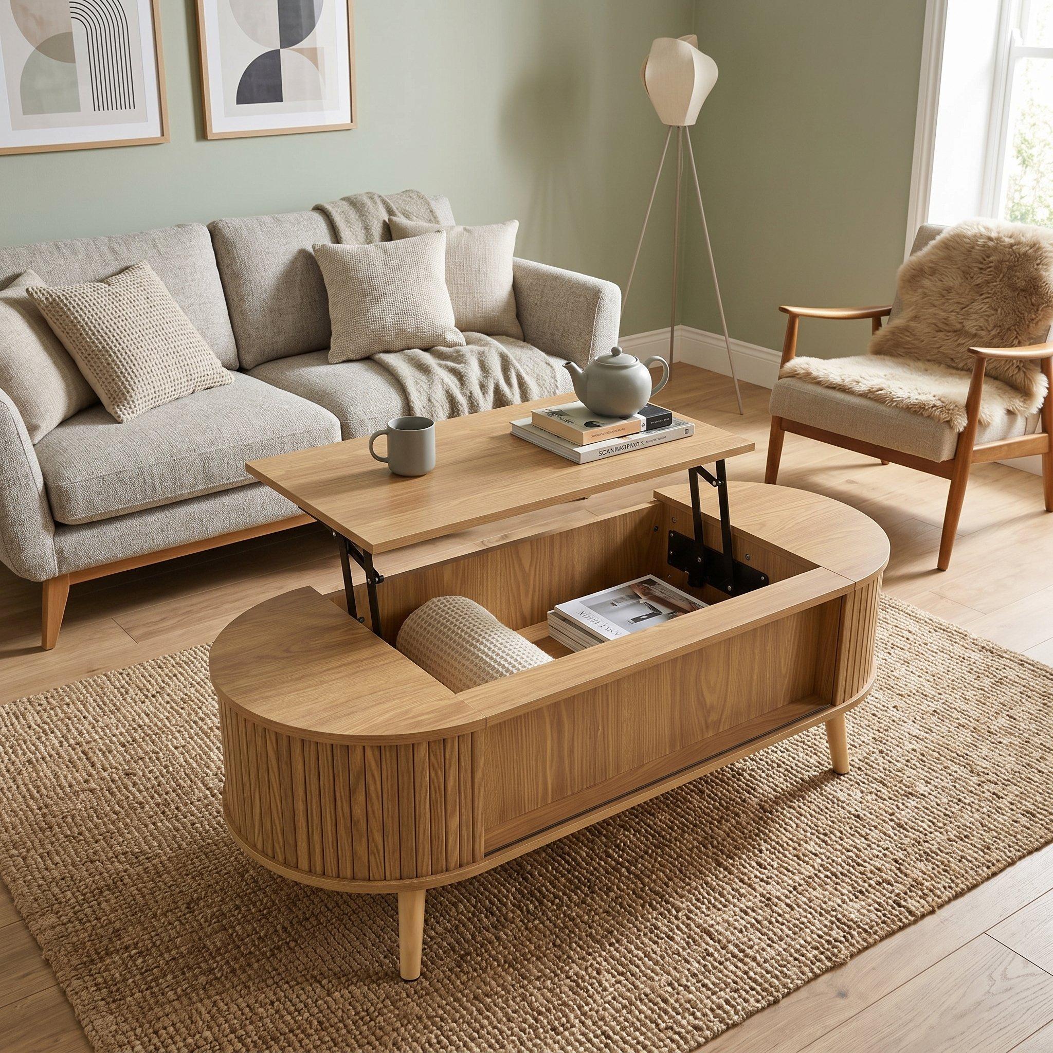 Wood - Urban Meuble - Lift Up Oval Coffee Table With Hidden Storage - 2