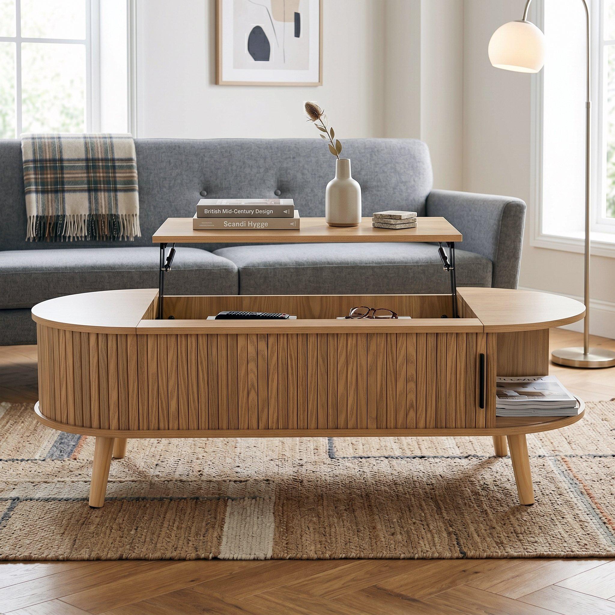 Wood - Urban Meuble - Lift Up Oval Coffee Table With Hidden Storage - 3