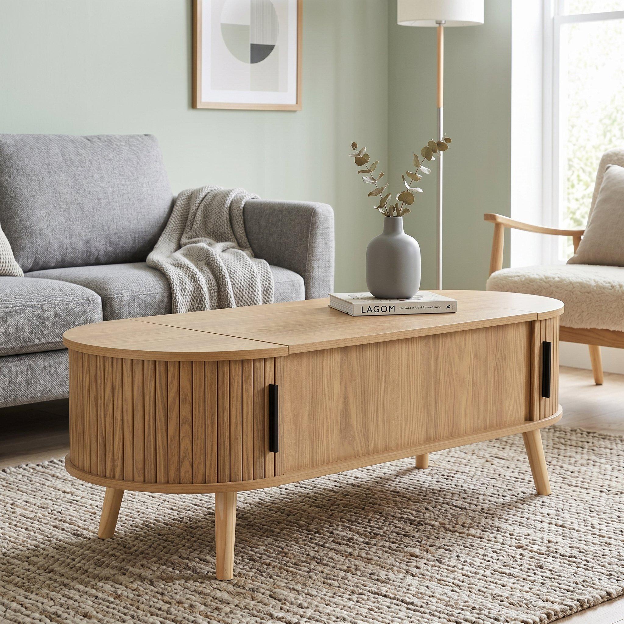 Wood - Urban Meuble - Lift Up Oval Coffee Table With Hidden Storage - 4