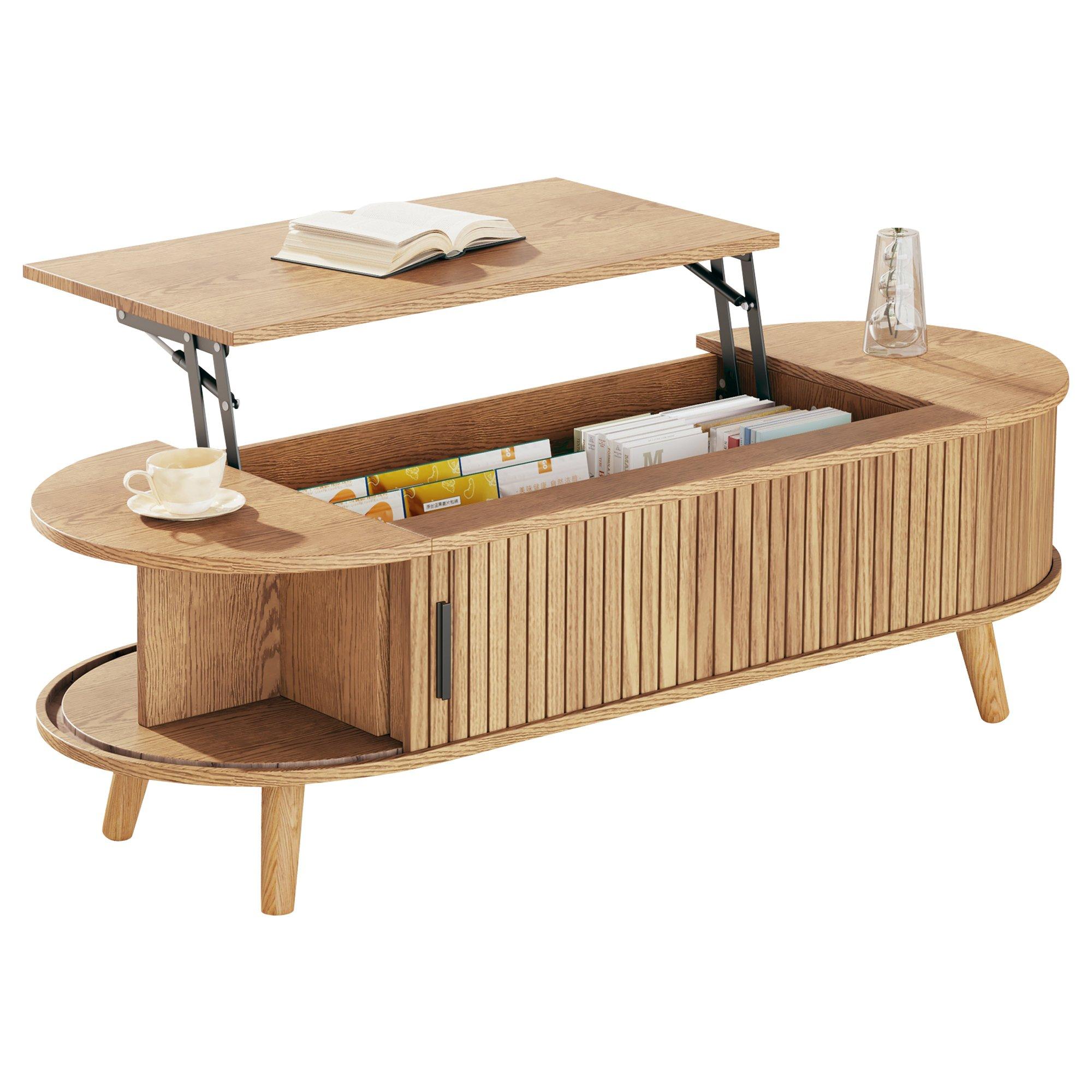 Wood - Urban Meuble - Lift Up Oval Coffee Table With Hidden Storage - 5