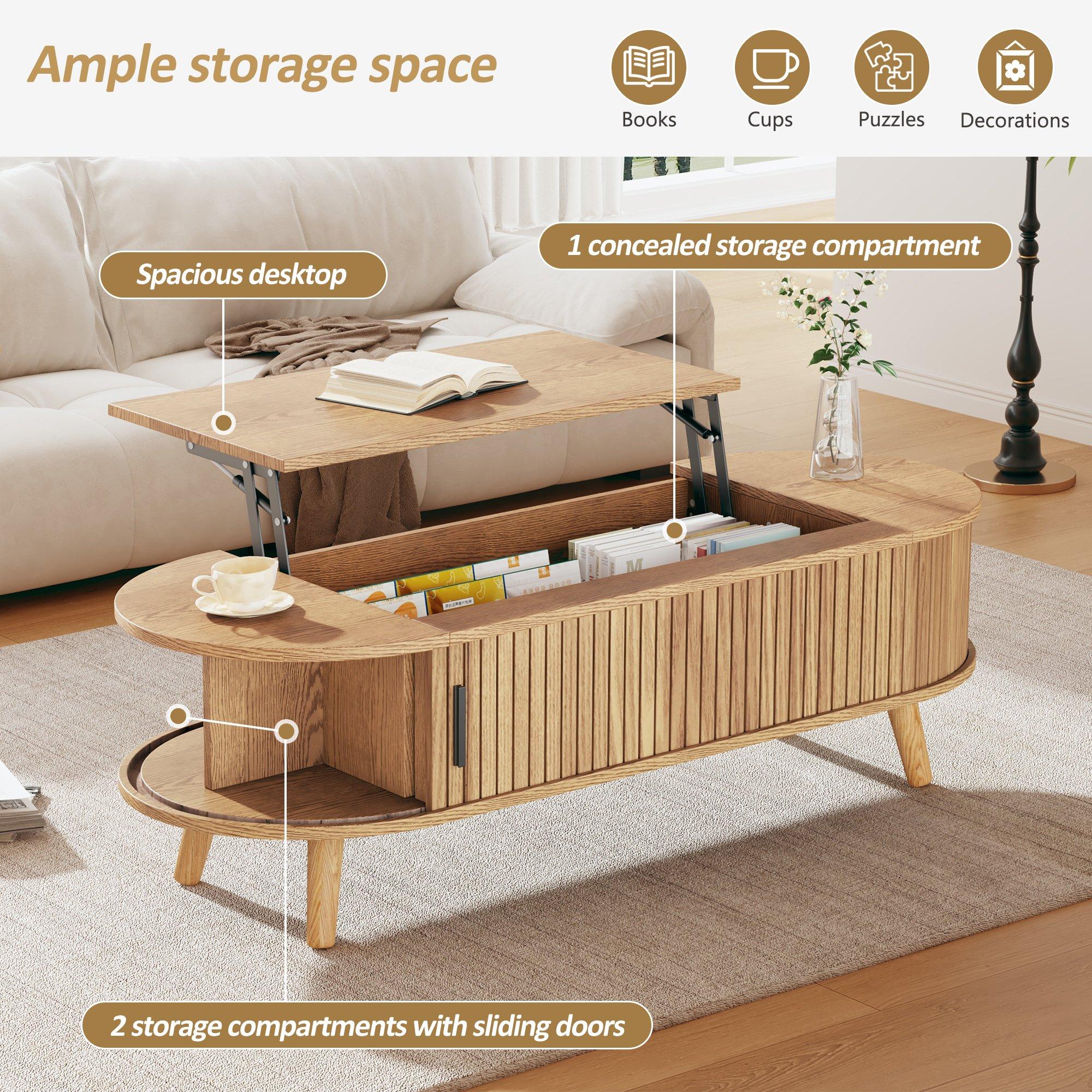 Wood - Urban Meuble - Lift Up Oval Coffee Table With Hidden Storage - 7