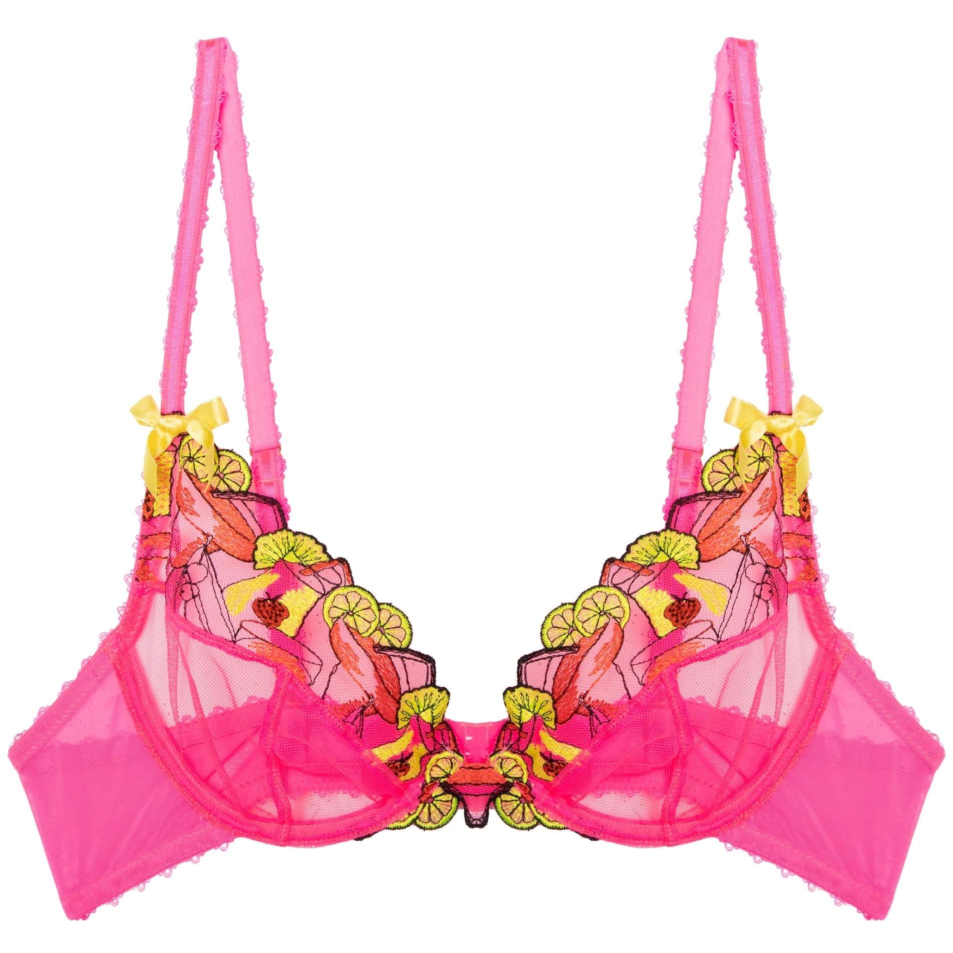 Pink - Playful Promises - Magda Pink Neon Cocktail Embroidery Plunge Bra - 5