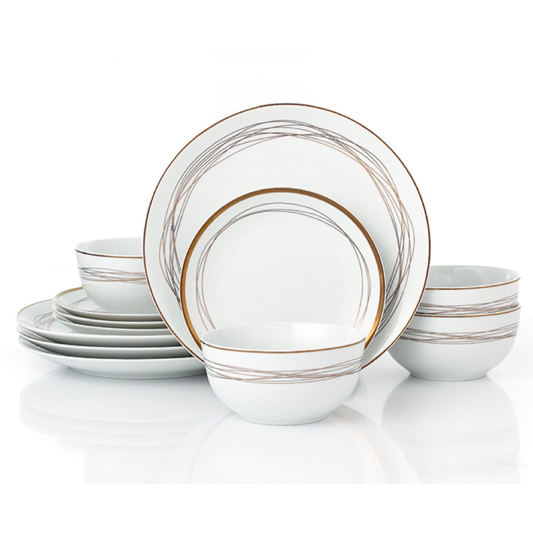 White - Waterside - 12pc Gold Swirl Dinner Set - 1