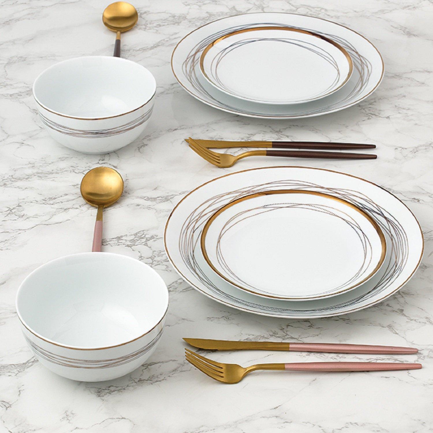 White - Waterside - 12pc Gold Swirl Dinner Set - 2