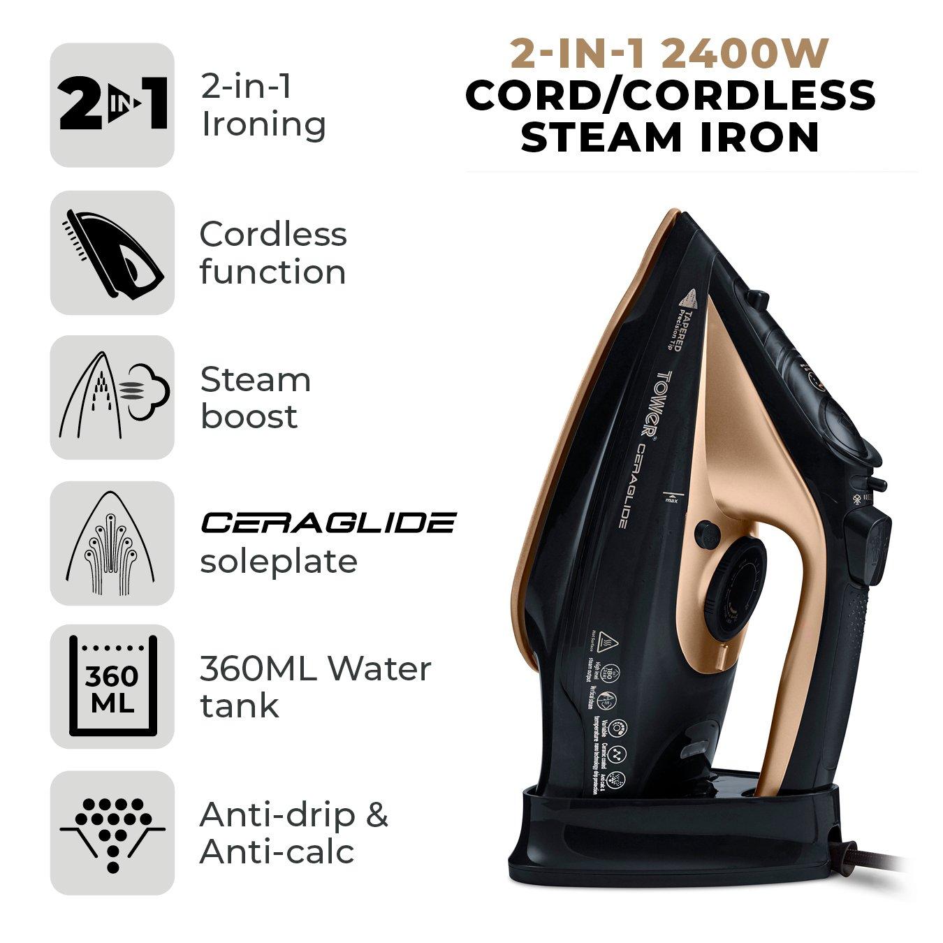 Black - Tower - CeraGlide 2400W Cord Cordless Steam Iron - 2