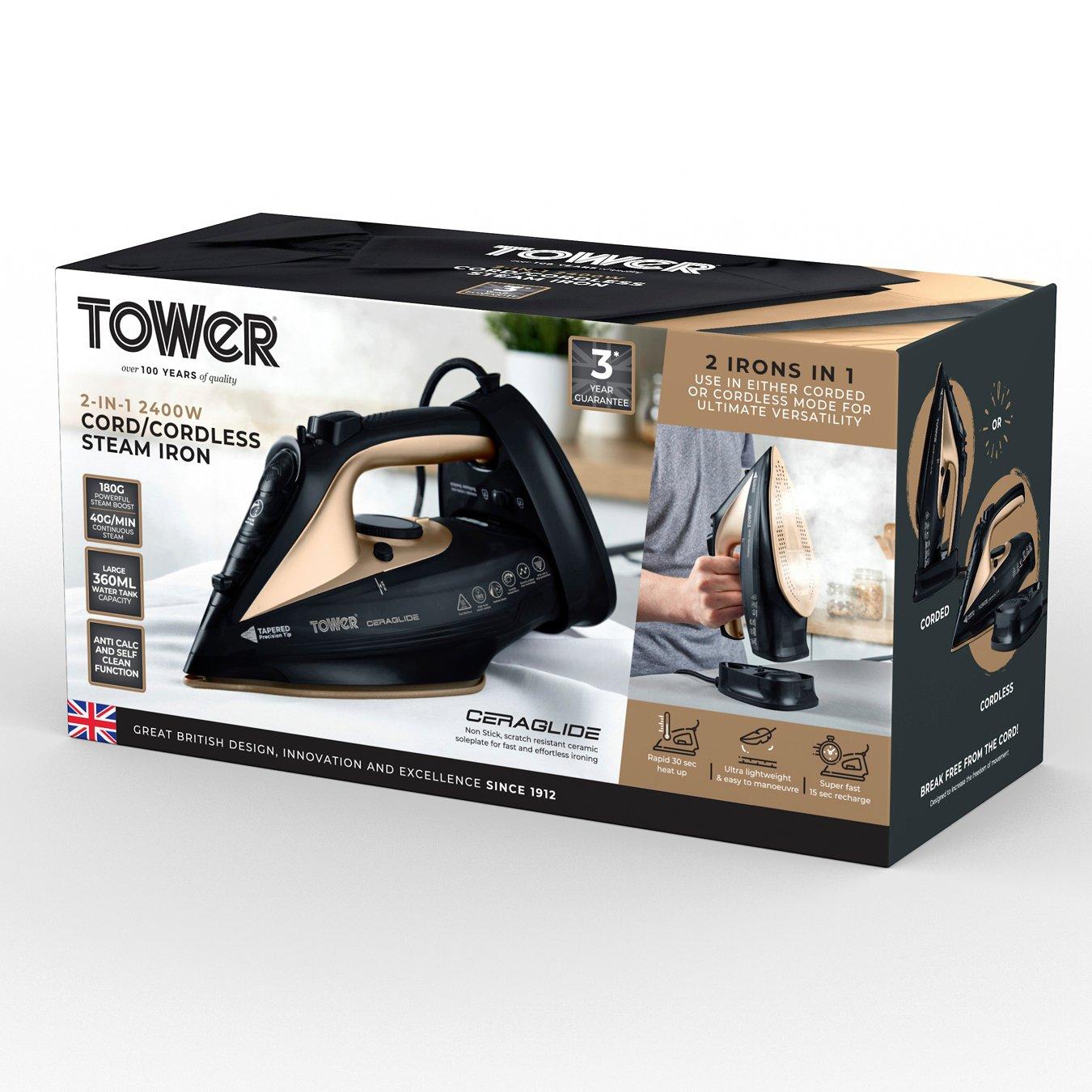 Black - Tower - CeraGlide 2400W Cord Cordless Steam Iron - 11