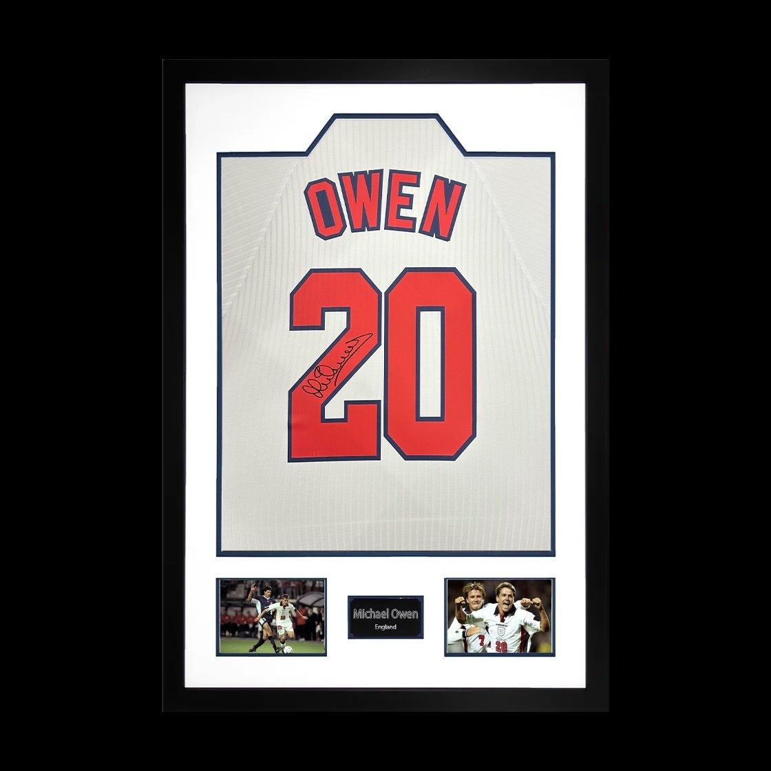 The Fan Cave  Michael Owen Signed England 98 Shirt Premium - White - 850x600mm