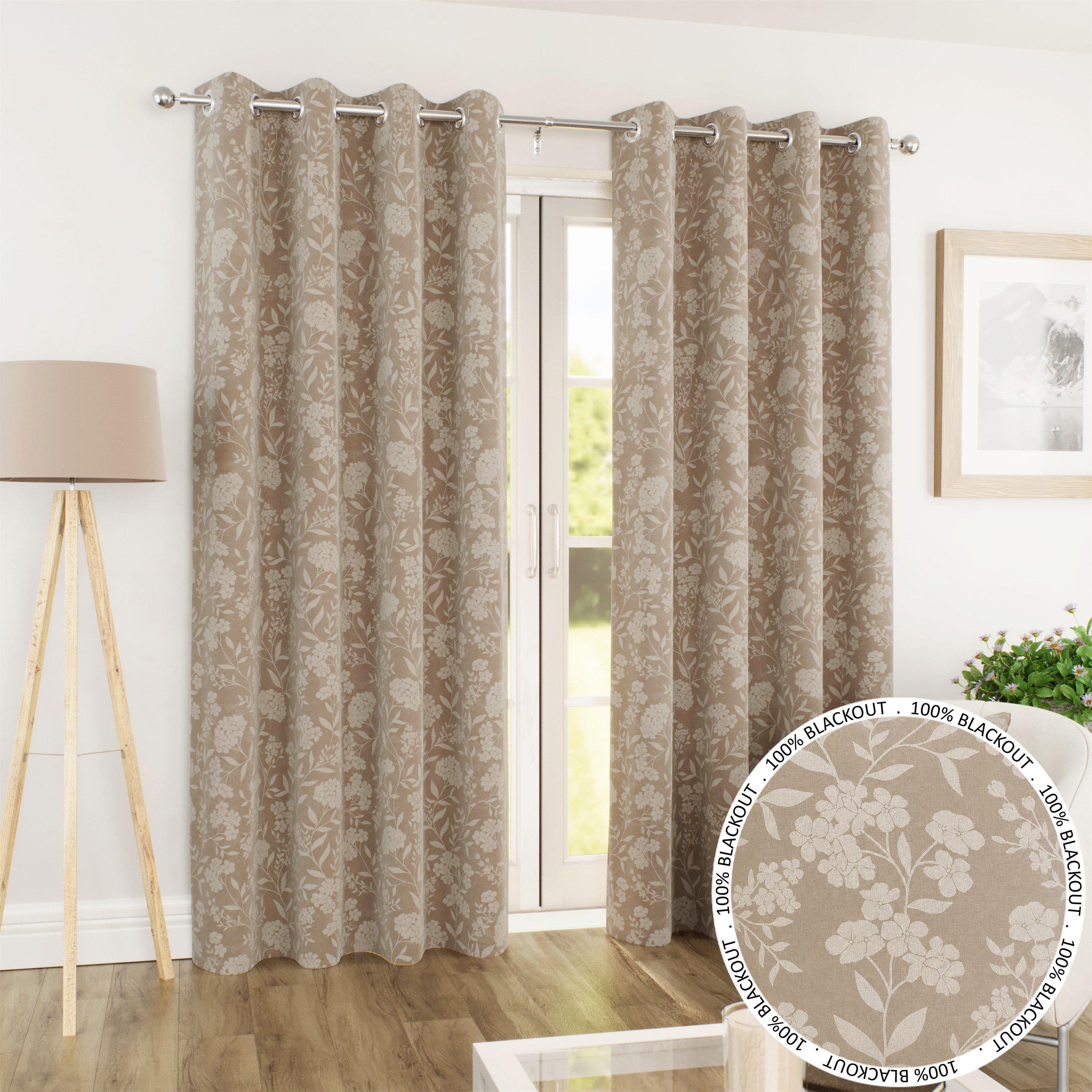 Sand - Enhanced Living - Cuba Subtle Floral Print Blackout Eyelet Curtains - 1