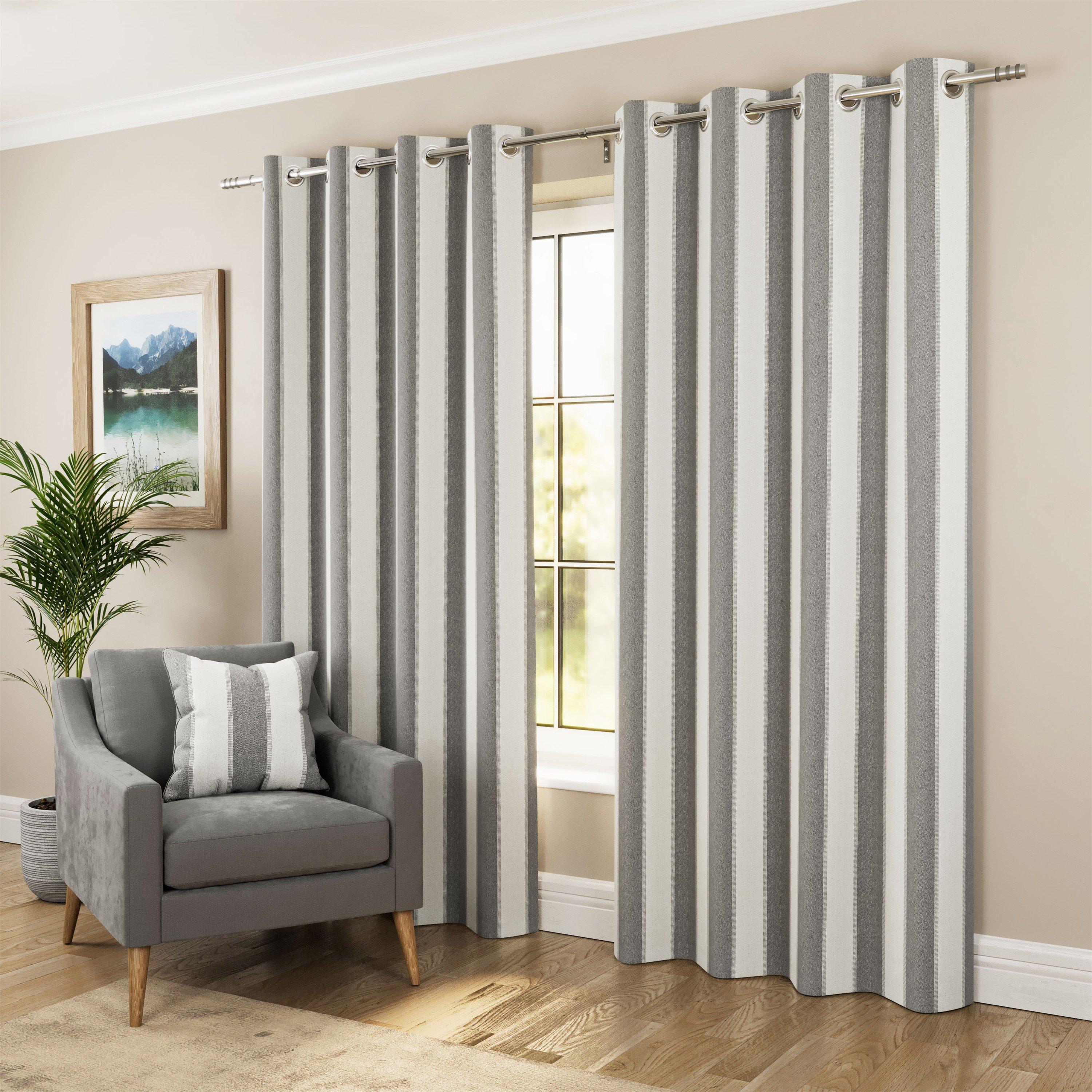 Grey - Enhanced Living - Henley Woven Striped Blackout Eyelet Curtains - 2