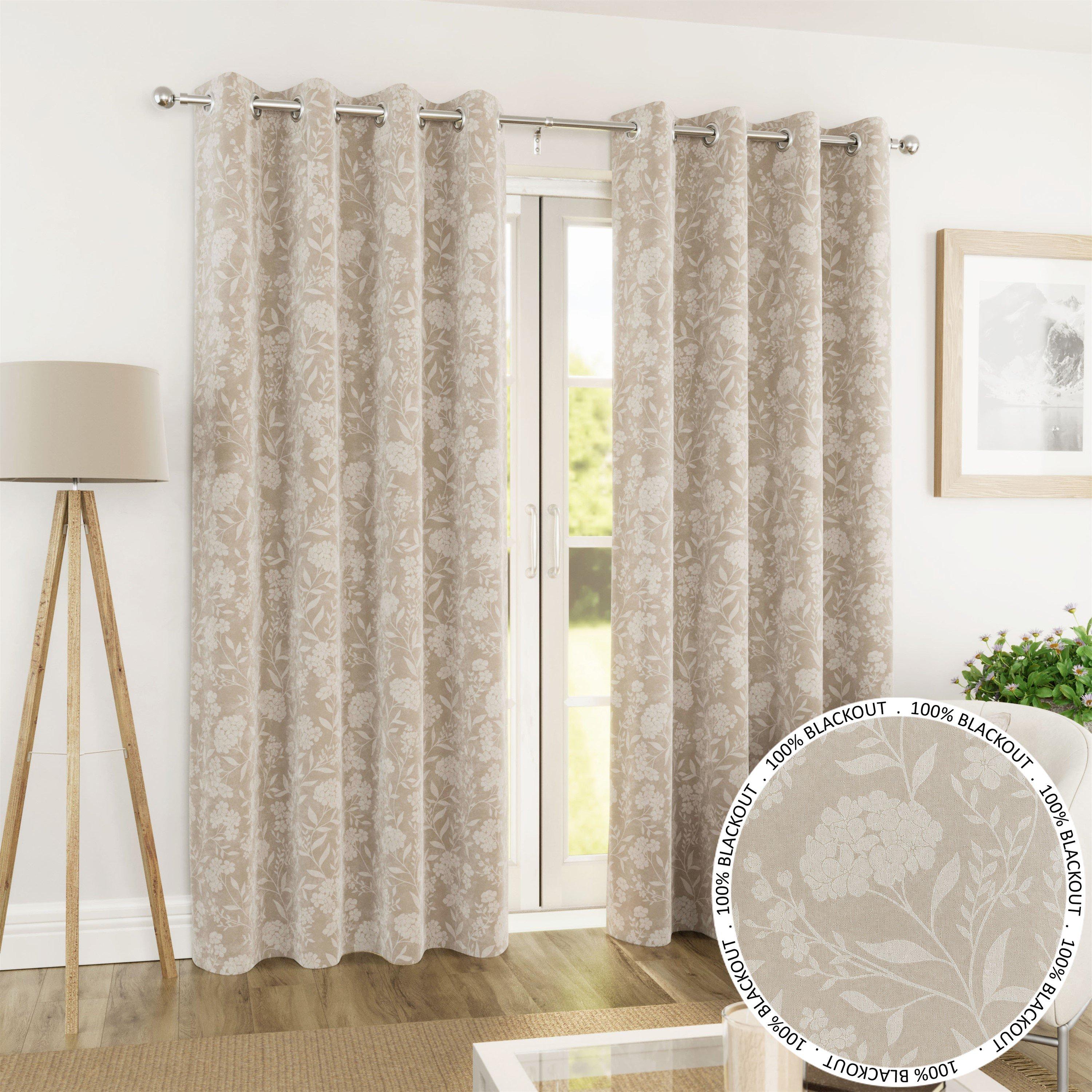 Cream - Enhanced Living - Cuba Cream Floral 100% Blackout Eyelet Curtains - 1