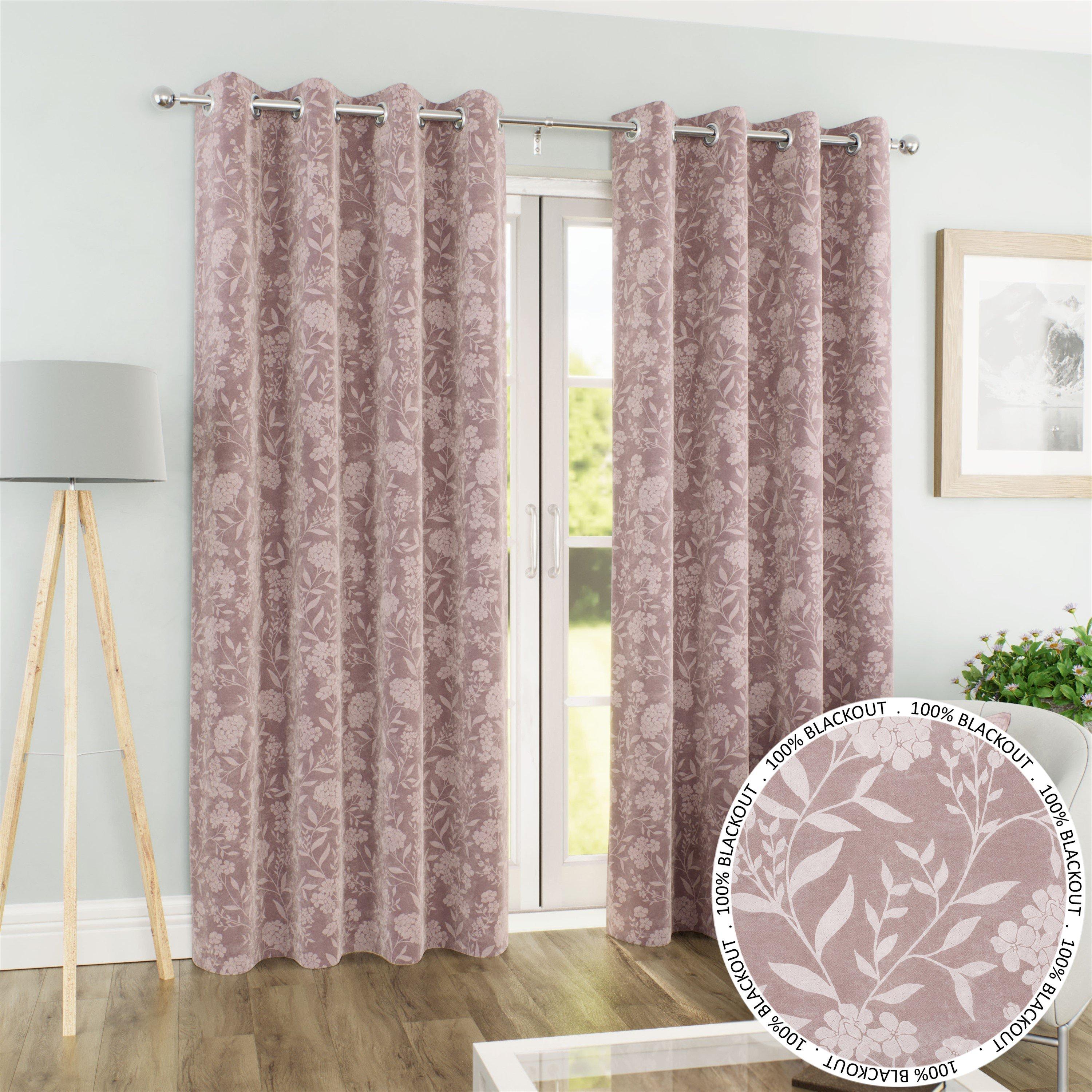 Pink - Enhanced Living - Cuba Pink Floral 100% Blackout Eyelet Curtains - 1