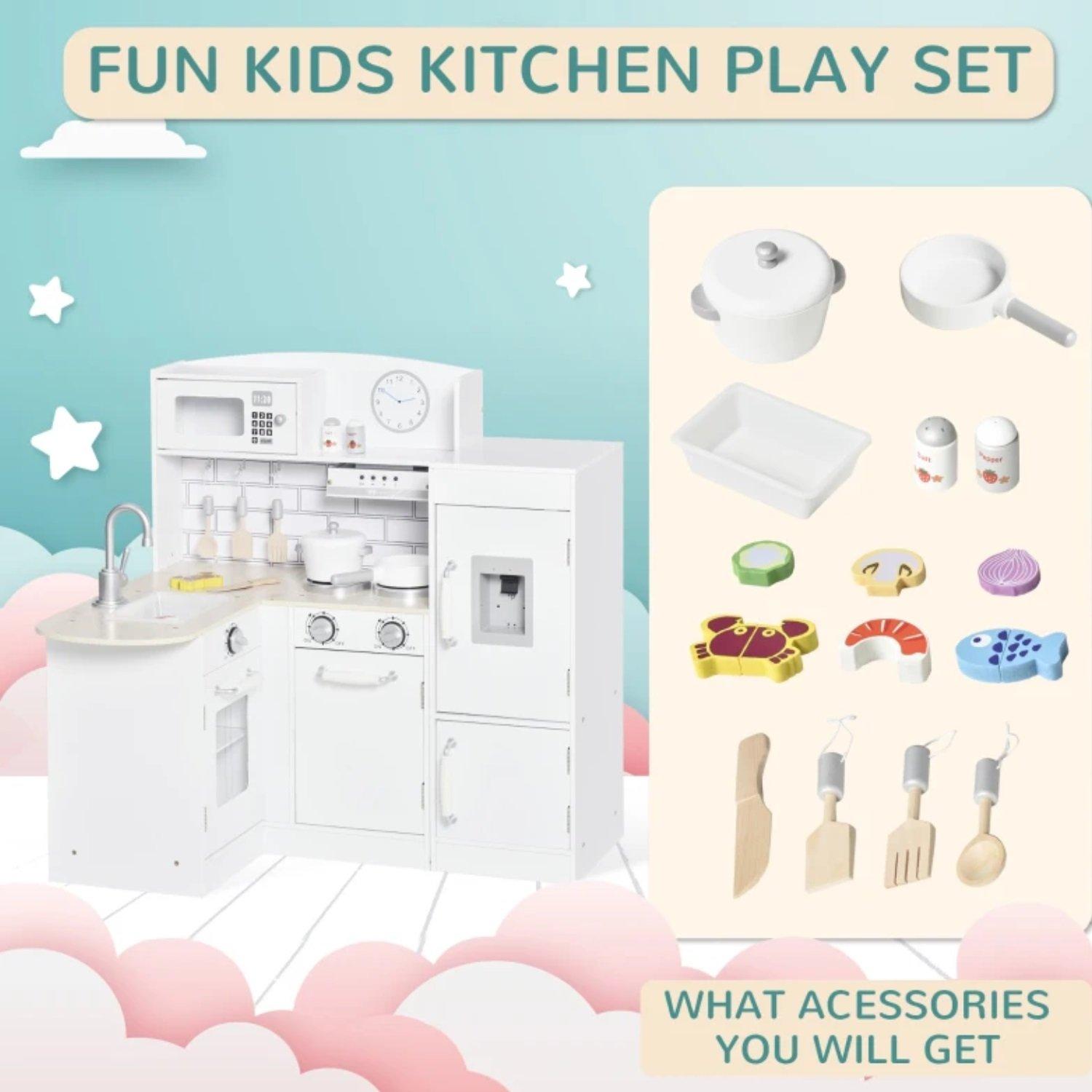 White - HOMCOM - HOMCOM Kids Wooden Play Kitchen Set - 5
