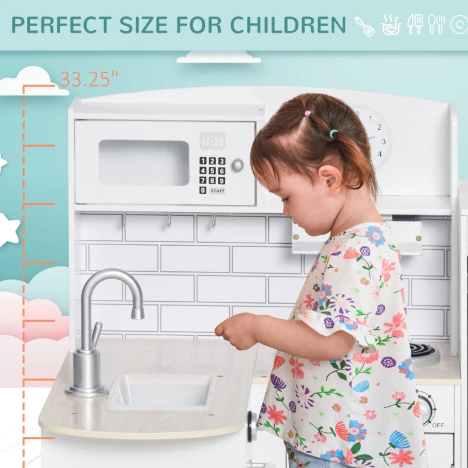 White - HOMCOM - HOMCOM Kids Wooden Play Kitchen Set - 7