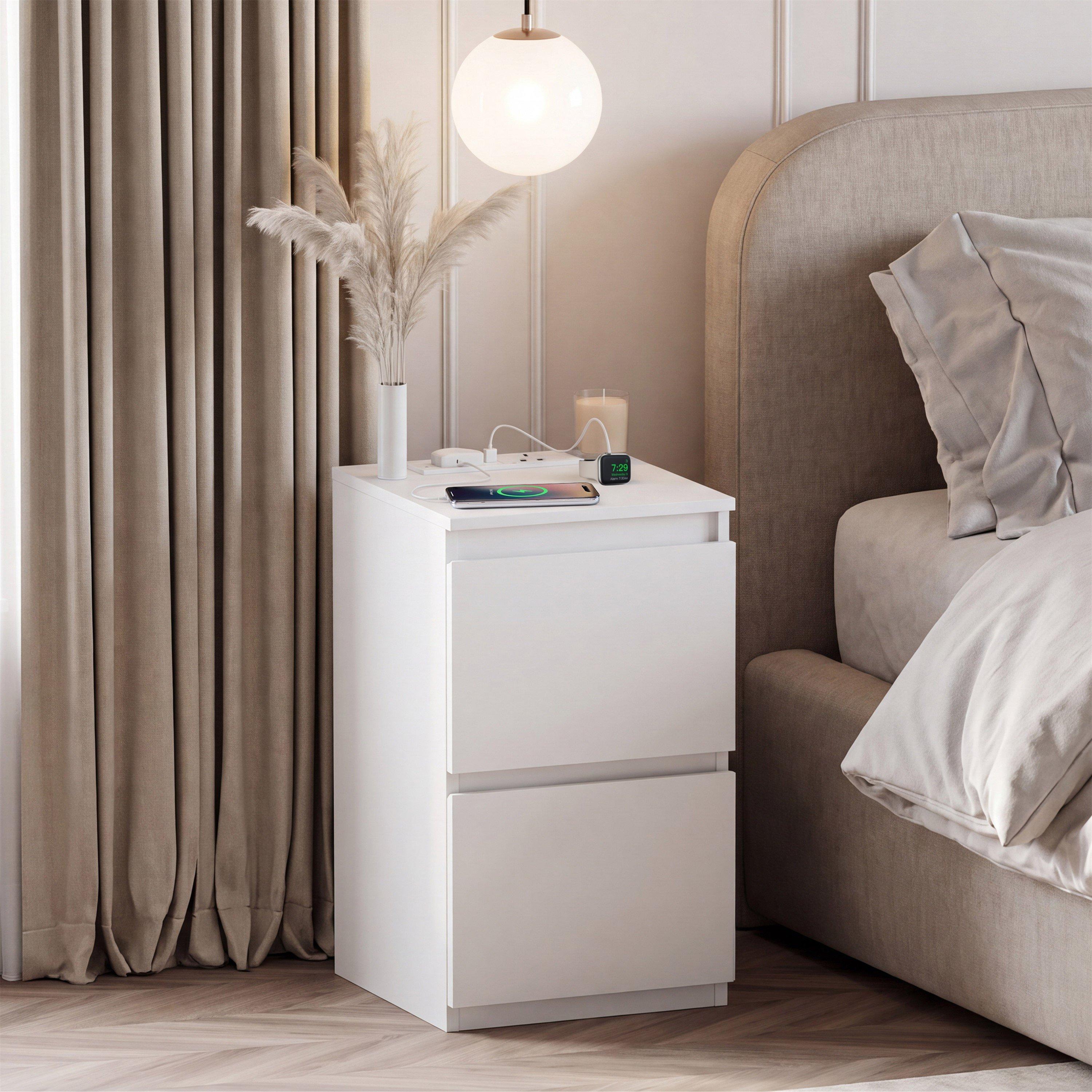 White - Lassic - Denver 2 Drawer Bedside Chest With Power Outlet - 1