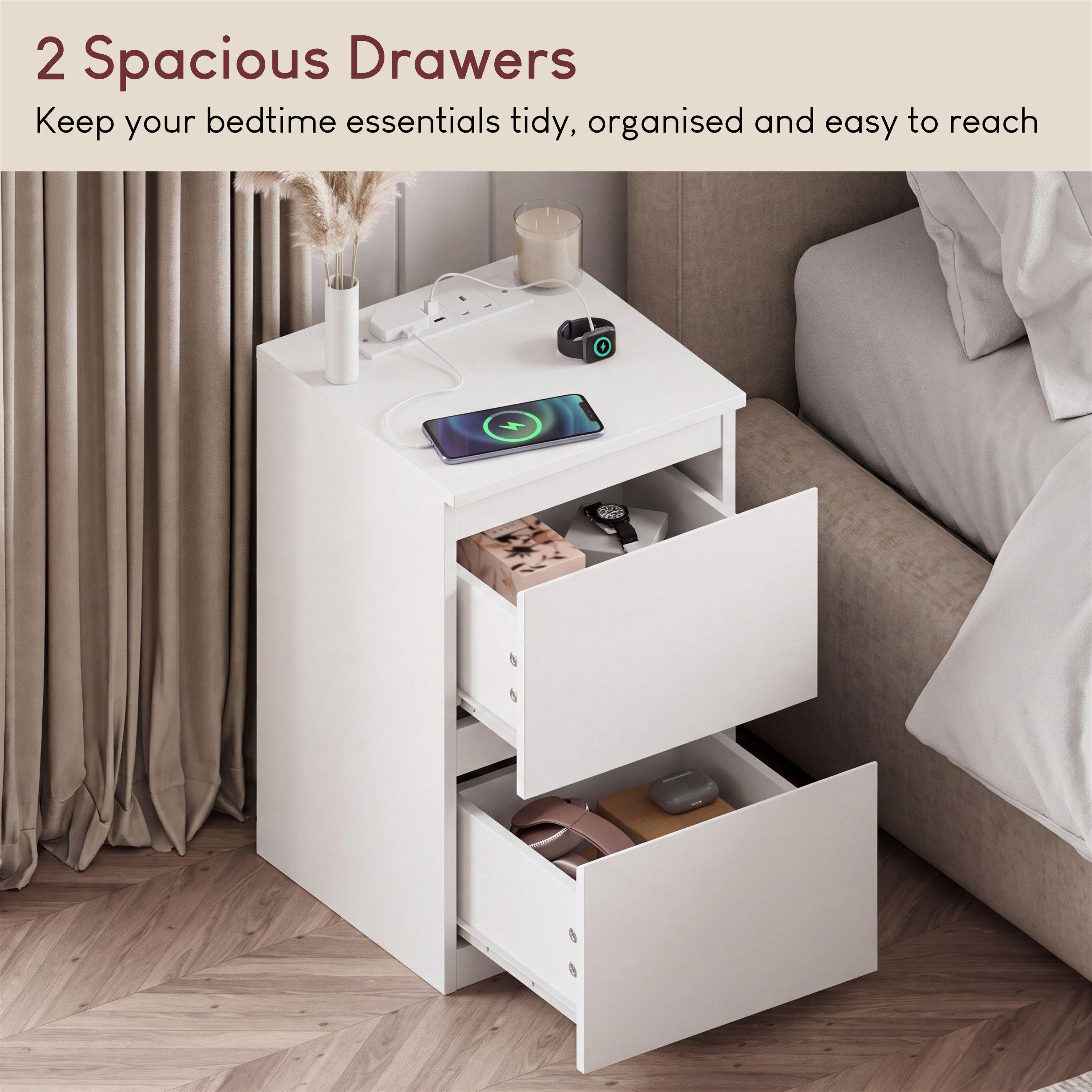 White - Lassic - Denver 2 Drawer Bedside Chest With Power Outlet - 5