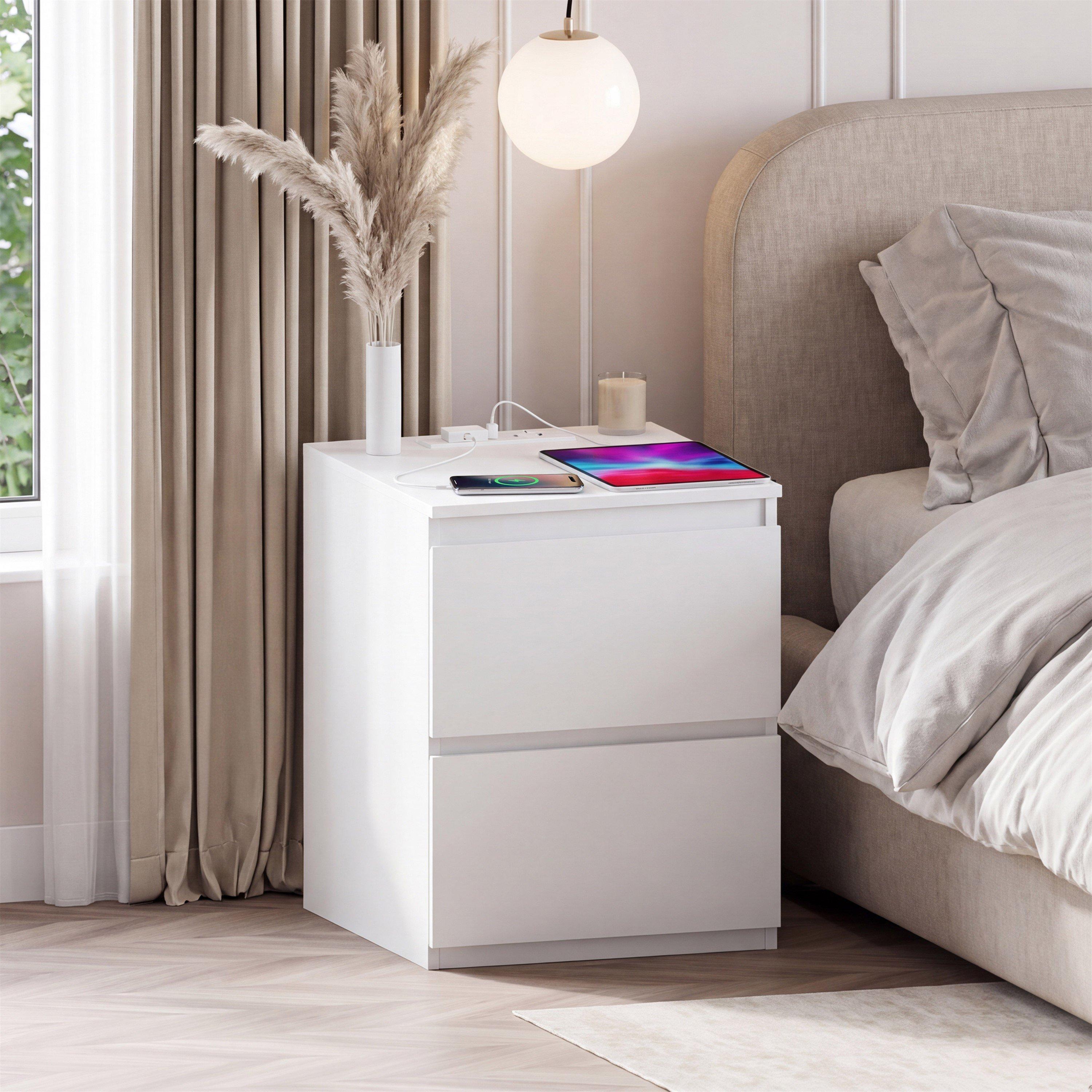 White - Lassic - Denver 2 Drawer L Bedside Chest With Power Outlet - 1