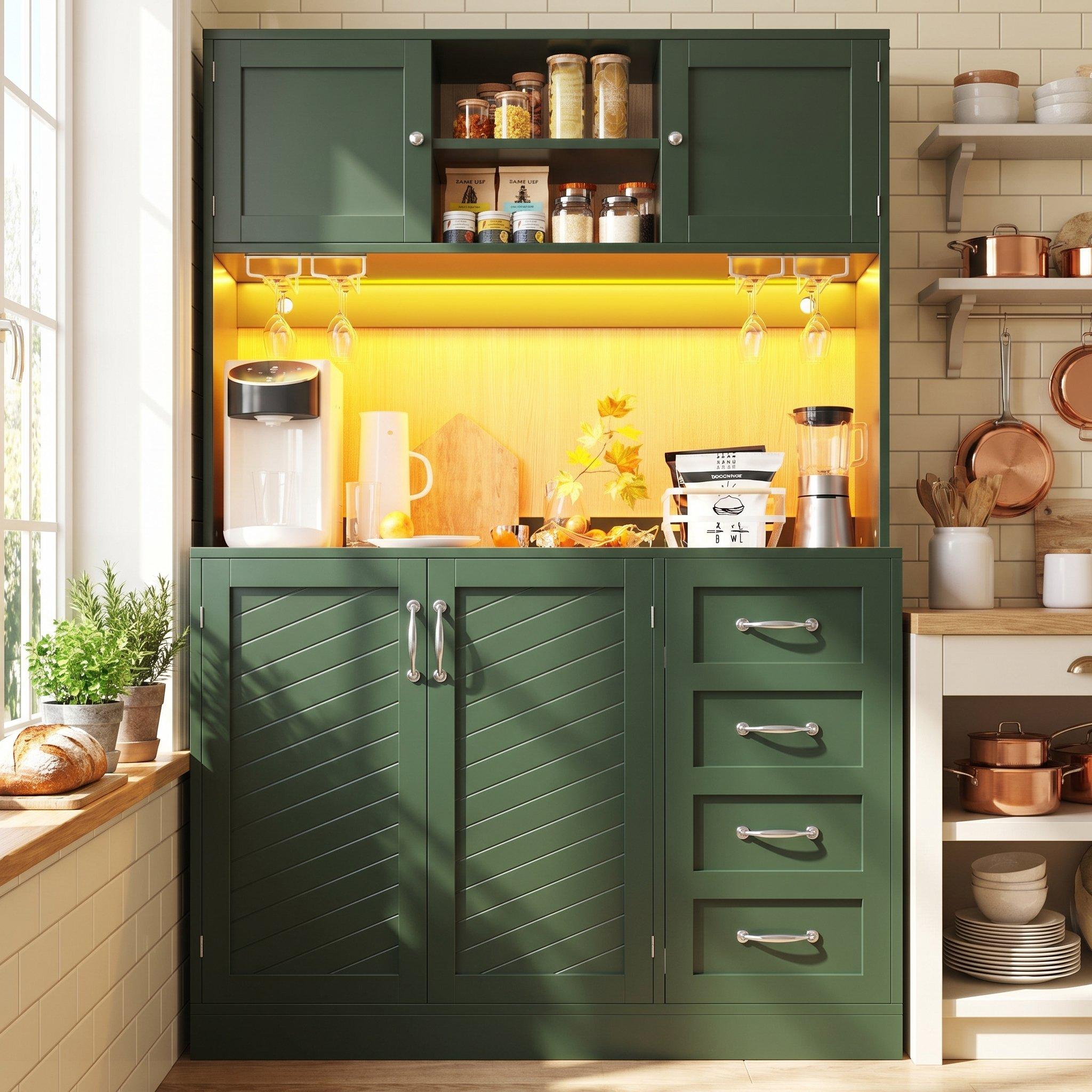 Green - Urban Meuble - LED Buffet Storage Cabinet with Snack Rack - 1