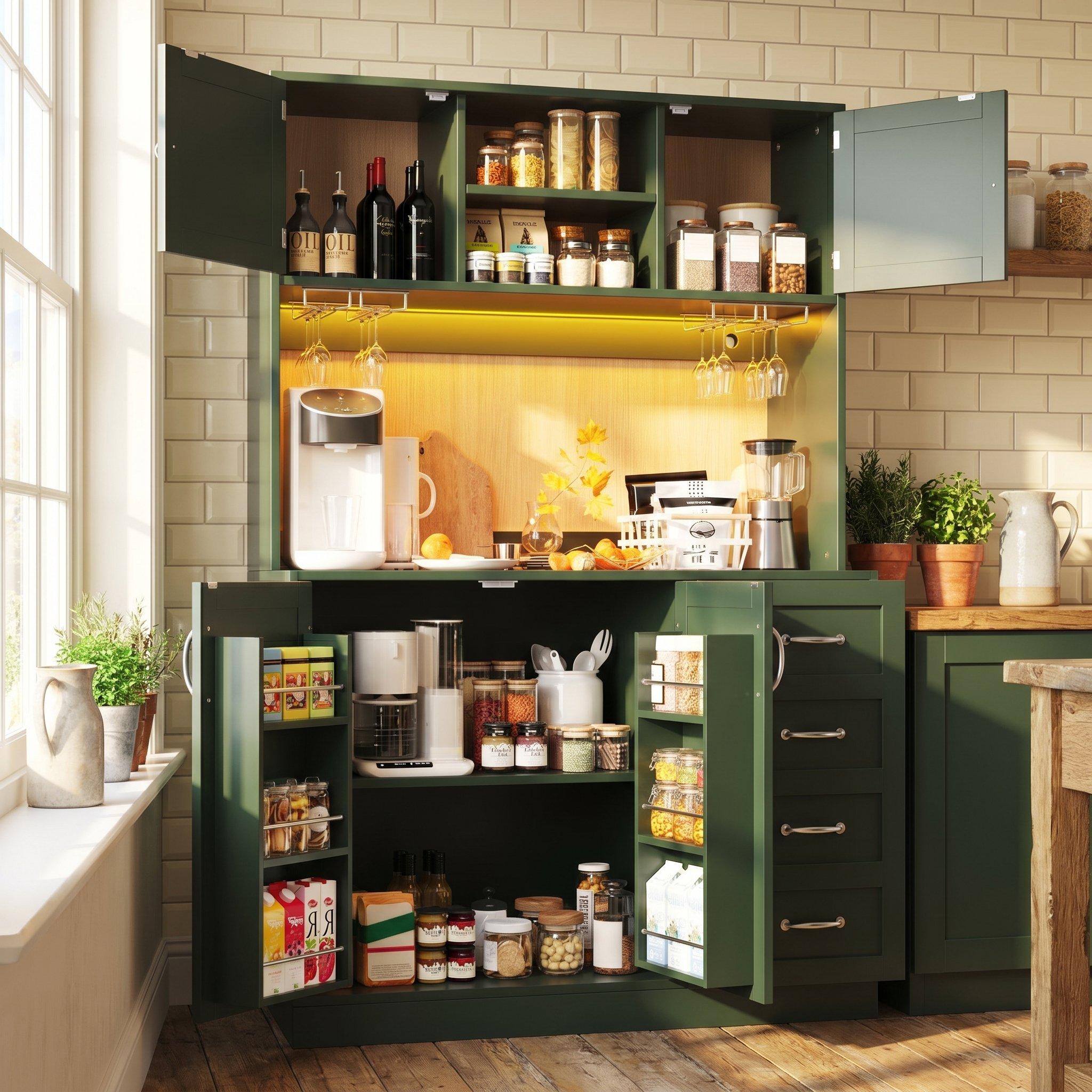 Green - Urban Meuble - LED Buffet Storage Cabinet with Snack Rack - 4