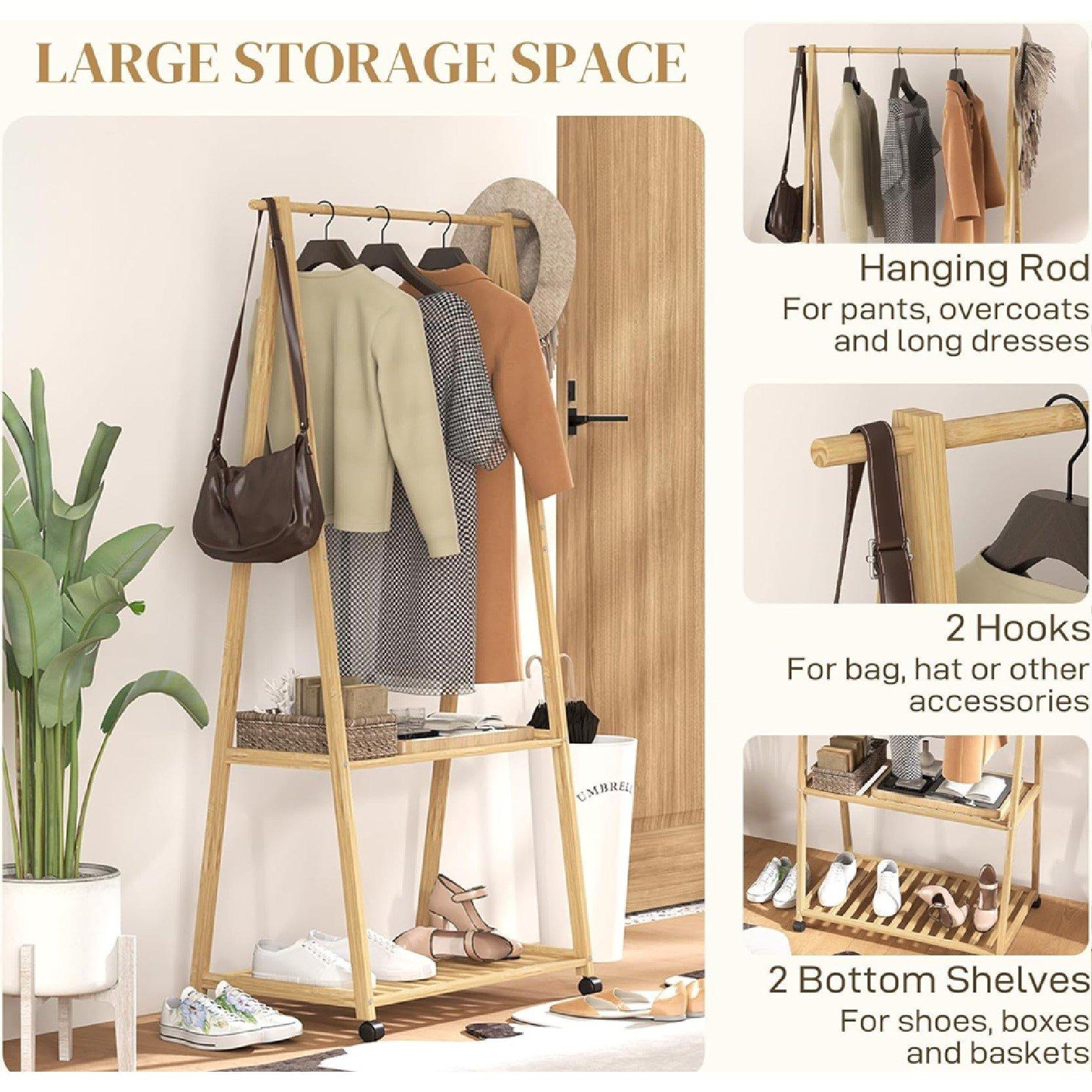 Beige - HOMCOM - Bamboo Clothes Rack with Shelves and Hooks - 3