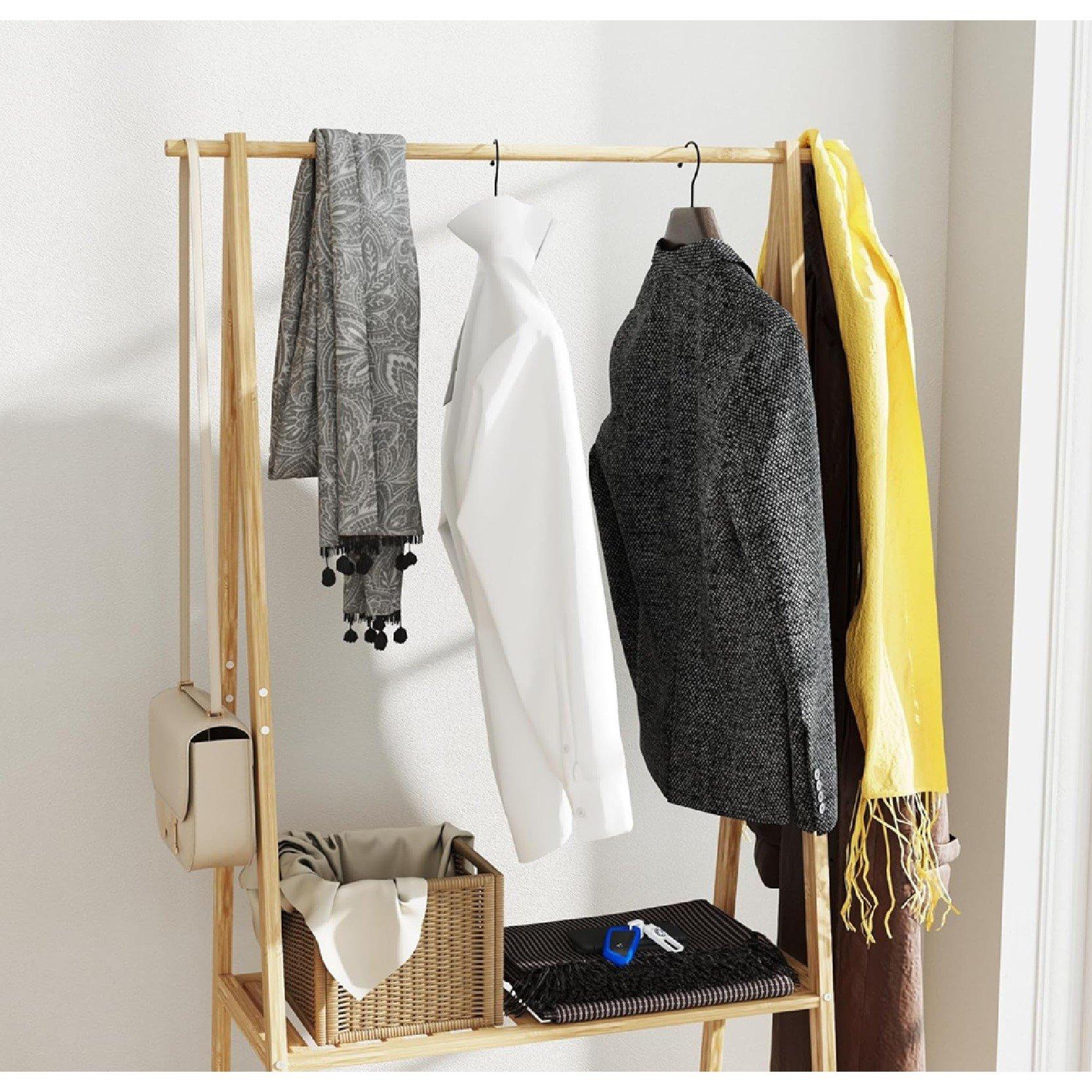 Beige - HOMCOM - Bamboo Clothes Rack with Shelves and Hooks - 7