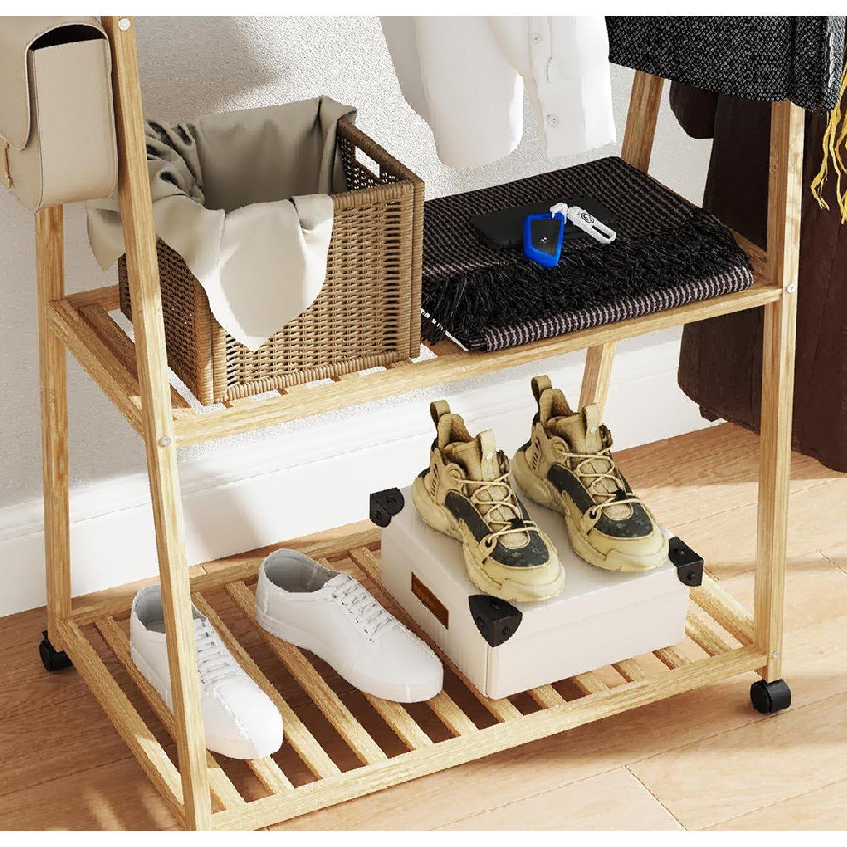 Beige - HOMCOM - Bamboo Clothes Rack with Shelves and Hooks - 8