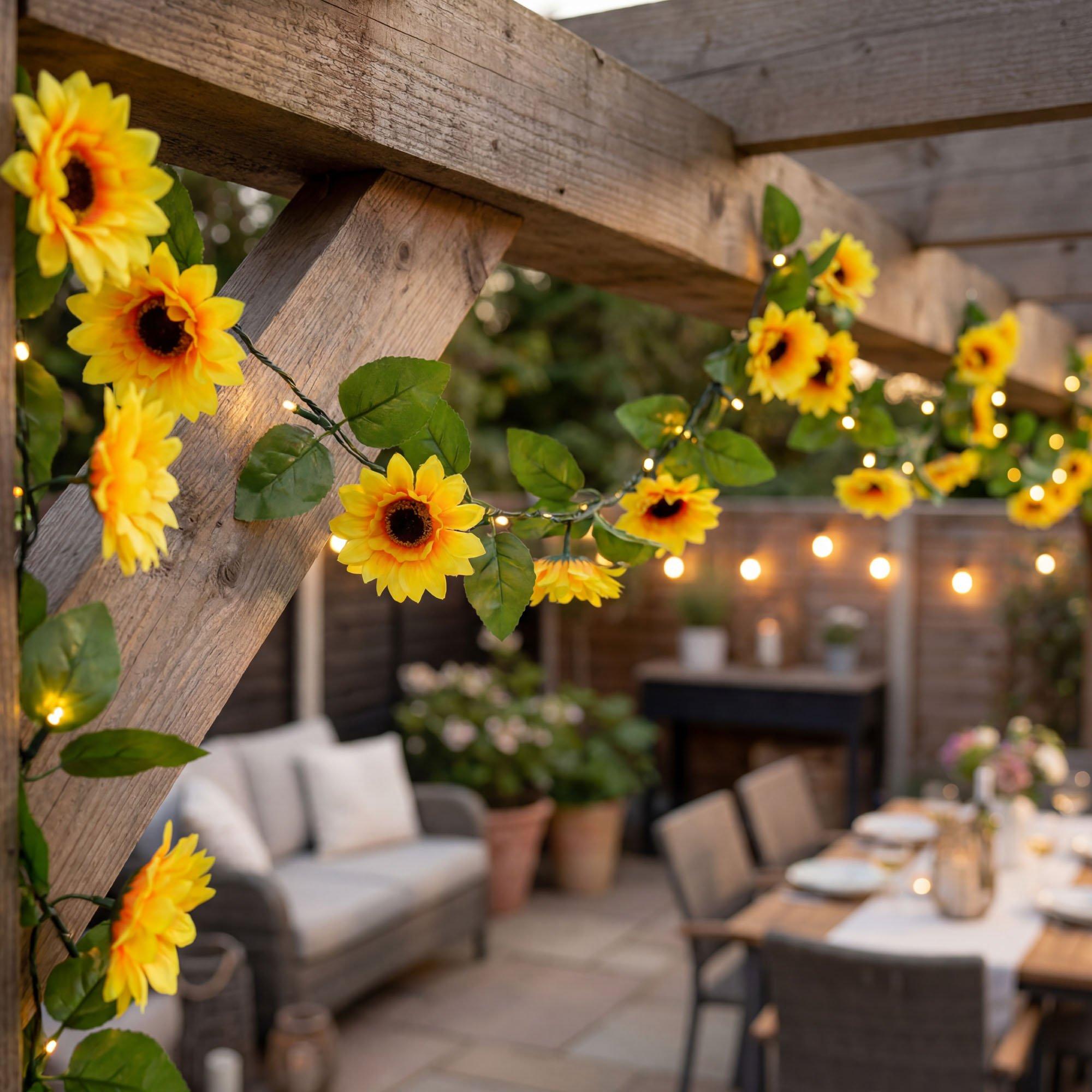 Yellow/Green - Streetwize - 2m Solar Sunflower Outdoor Garland String Lights - 8