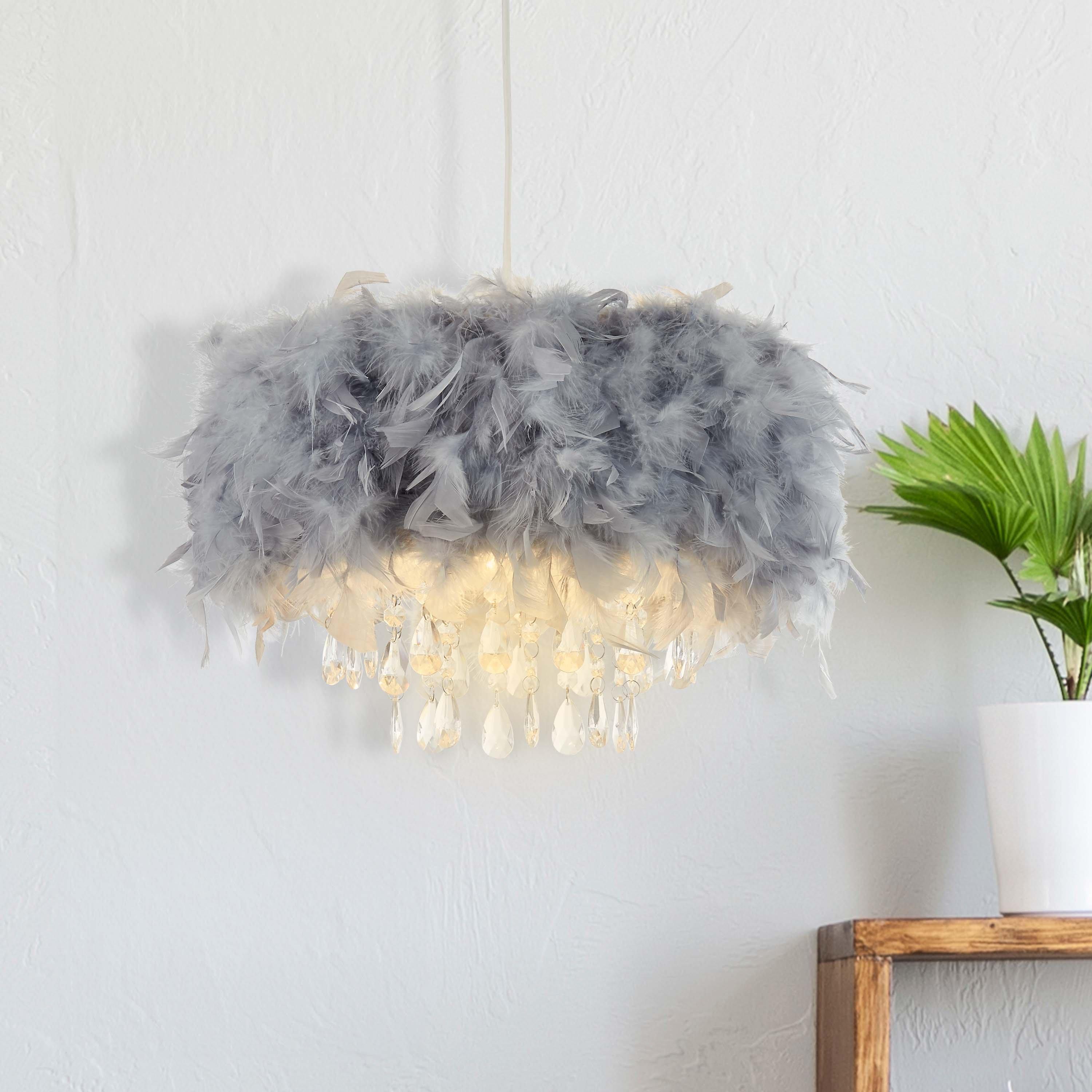 Grey - Lighting Collection - Feather Pendant Shade With Acrylic Drops - 1