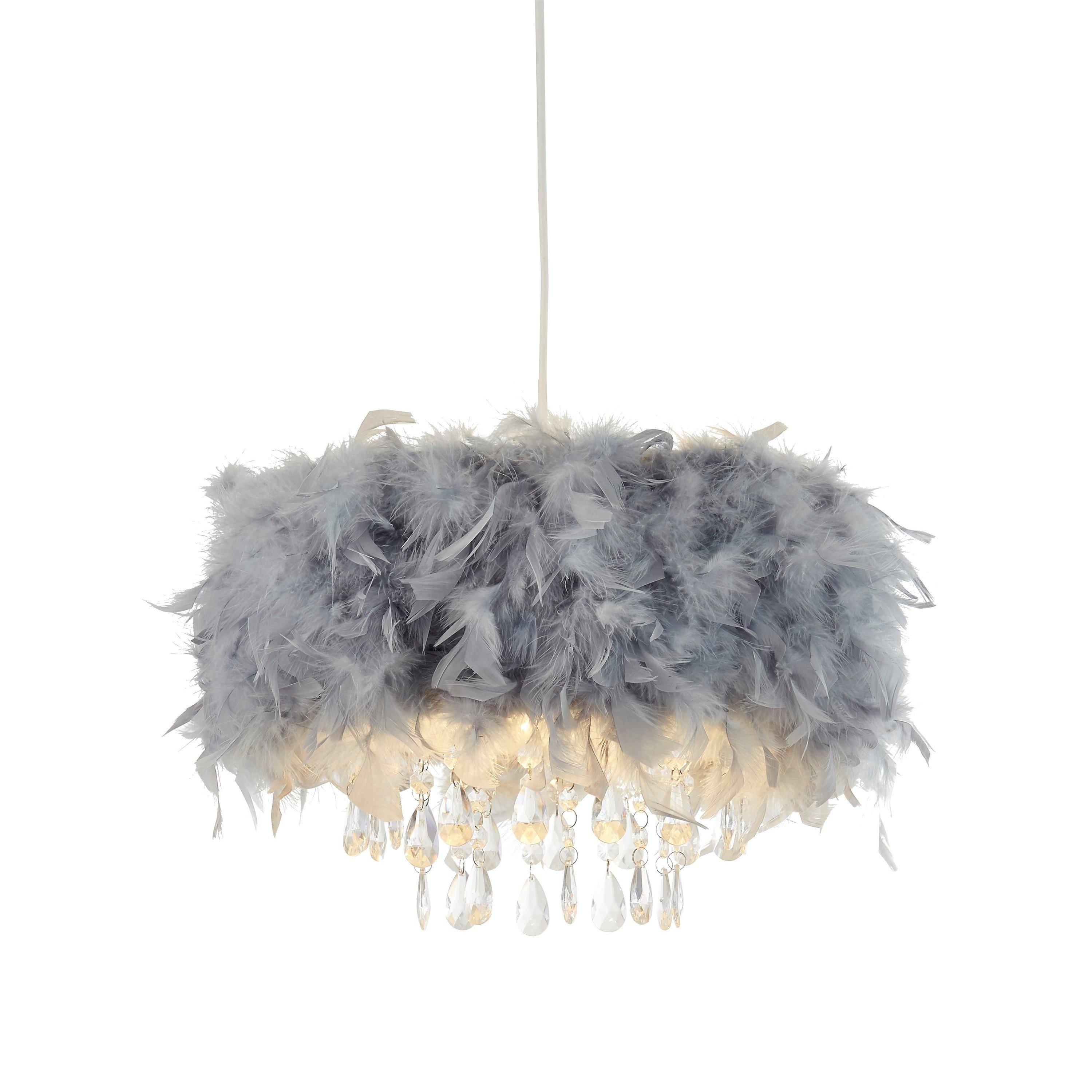 Grey - Lighting Collection - Feather Pendant Shade With Acrylic Drops - 2