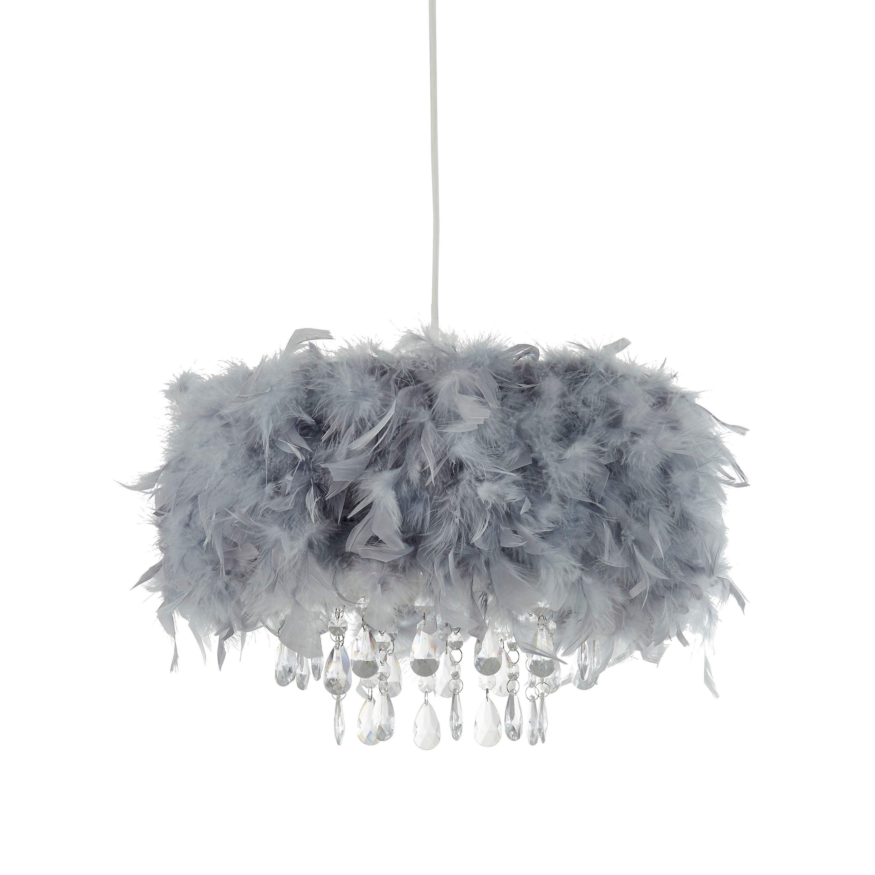 Grey - Lighting Collection - Feather Pendant Shade With Acrylic Drops - 3