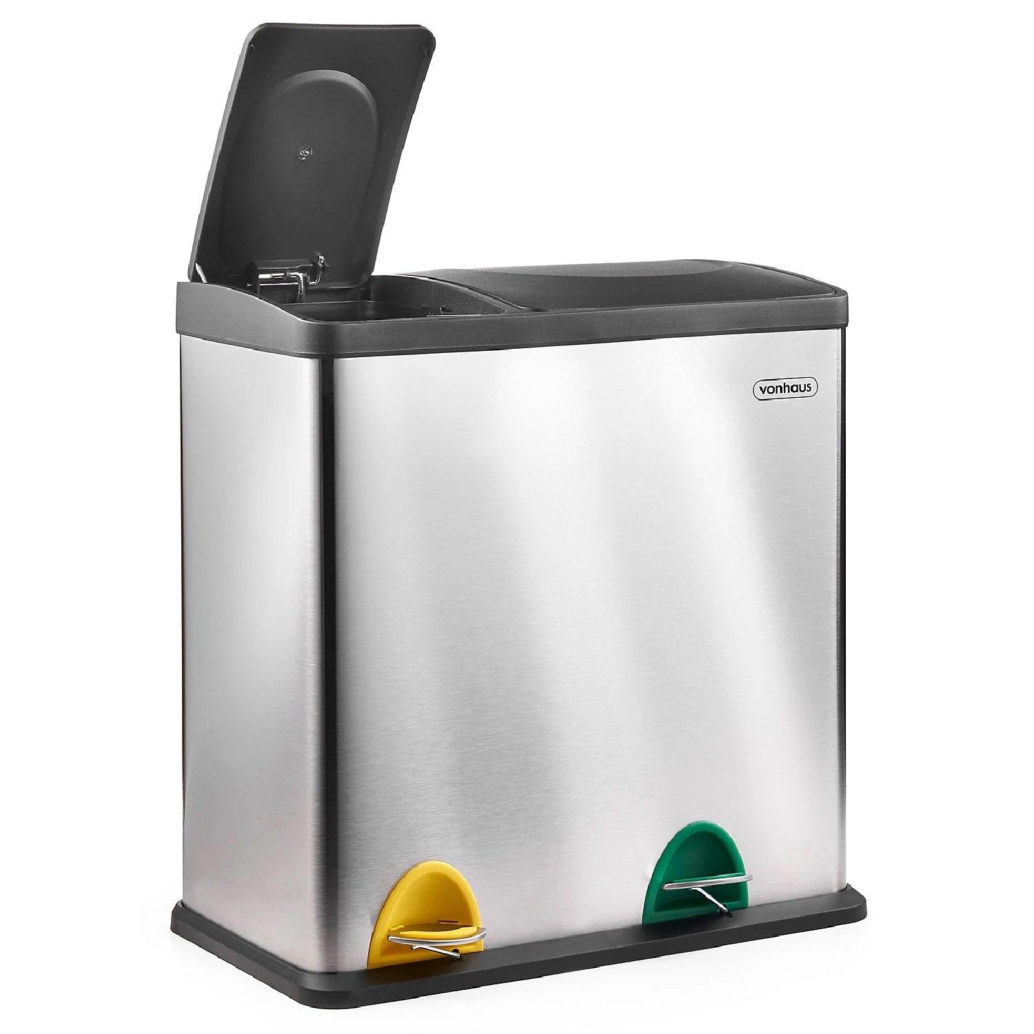 Silver - VonHaus - VonHaus 36L Steel 2In1 Recycling Pedal Bin - 1