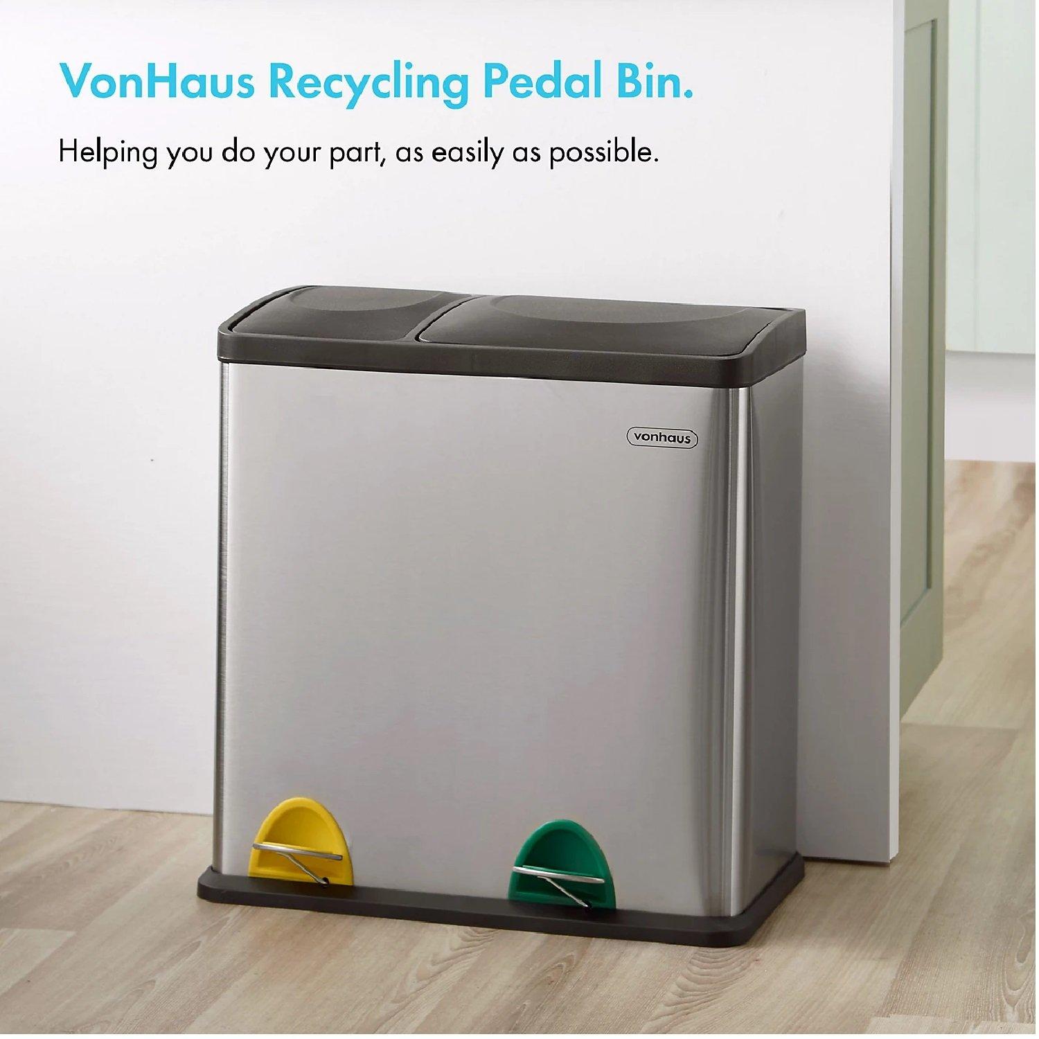 Silver - VonHaus - VonHaus 36L Steel 2In1 Recycling Pedal Bin - 2
