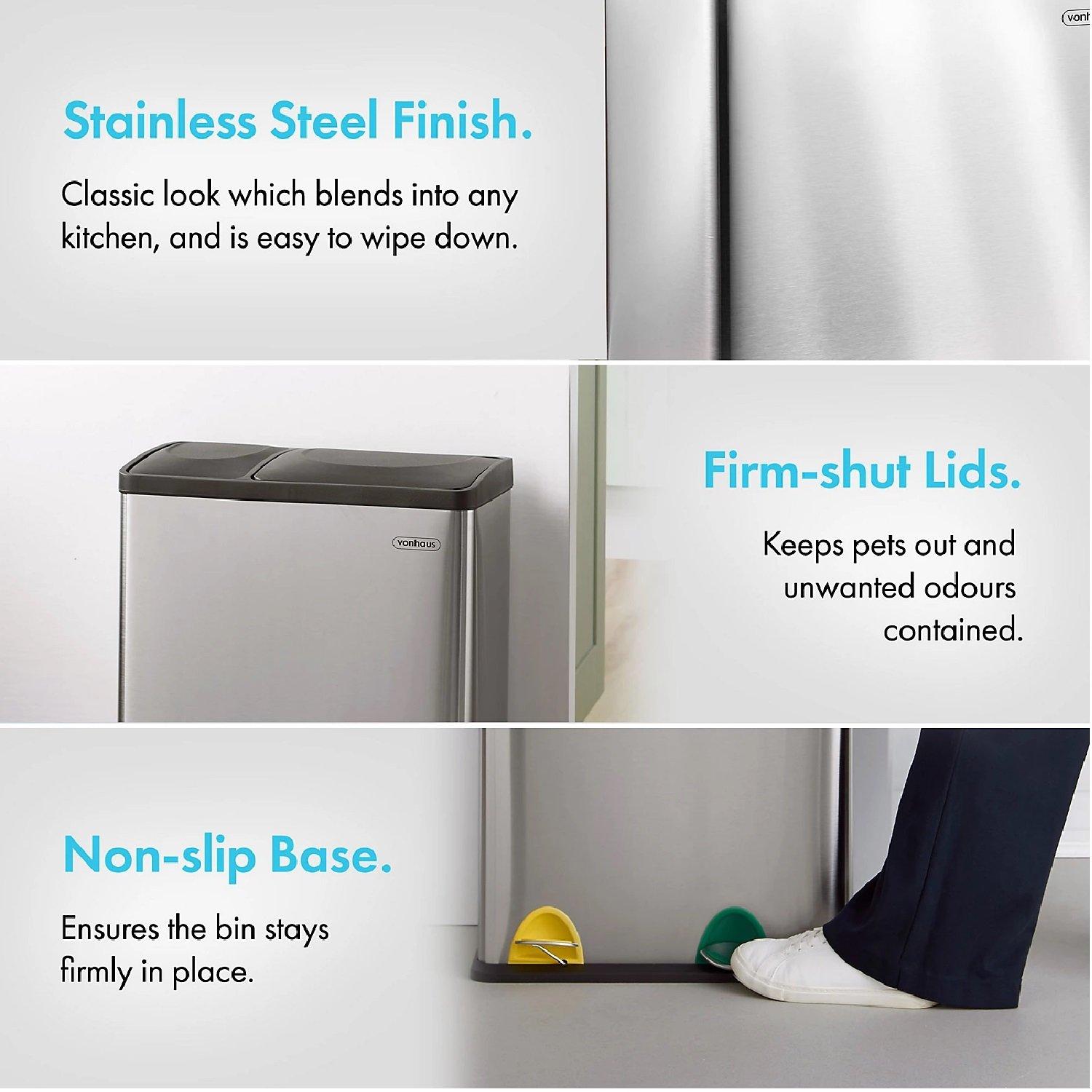 Silver - VonHaus - VonHaus 36L Steel 2In1 Recycling Pedal Bin - 3