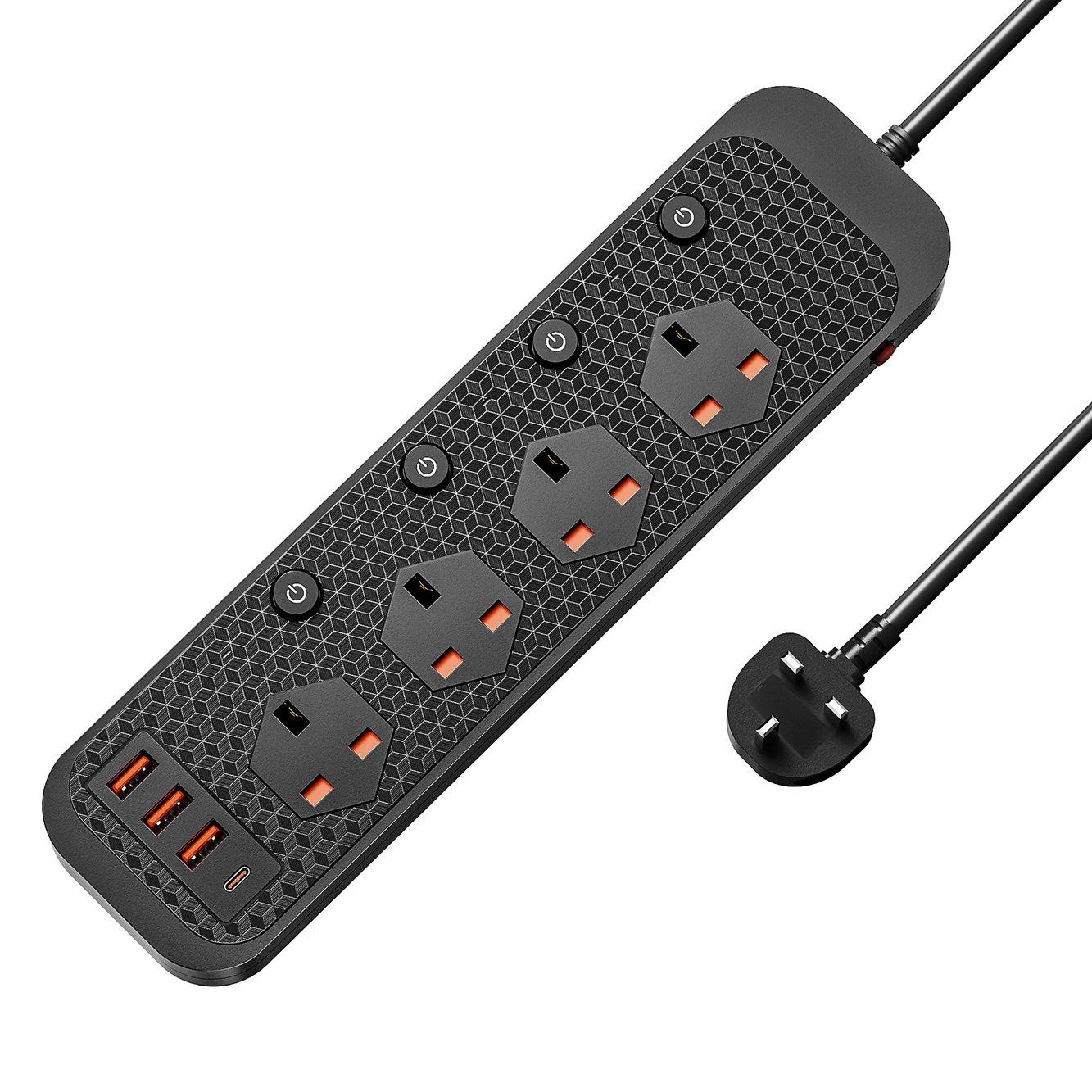 Black - VonHaus - 2M Extension Lead with USB Ports - 1