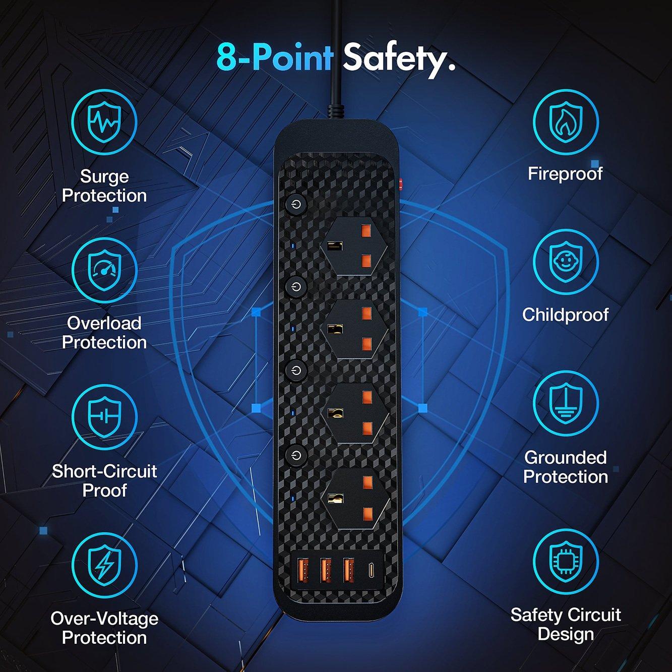 Black - VonHaus - 2M Extension Lead with USB Ports - 3