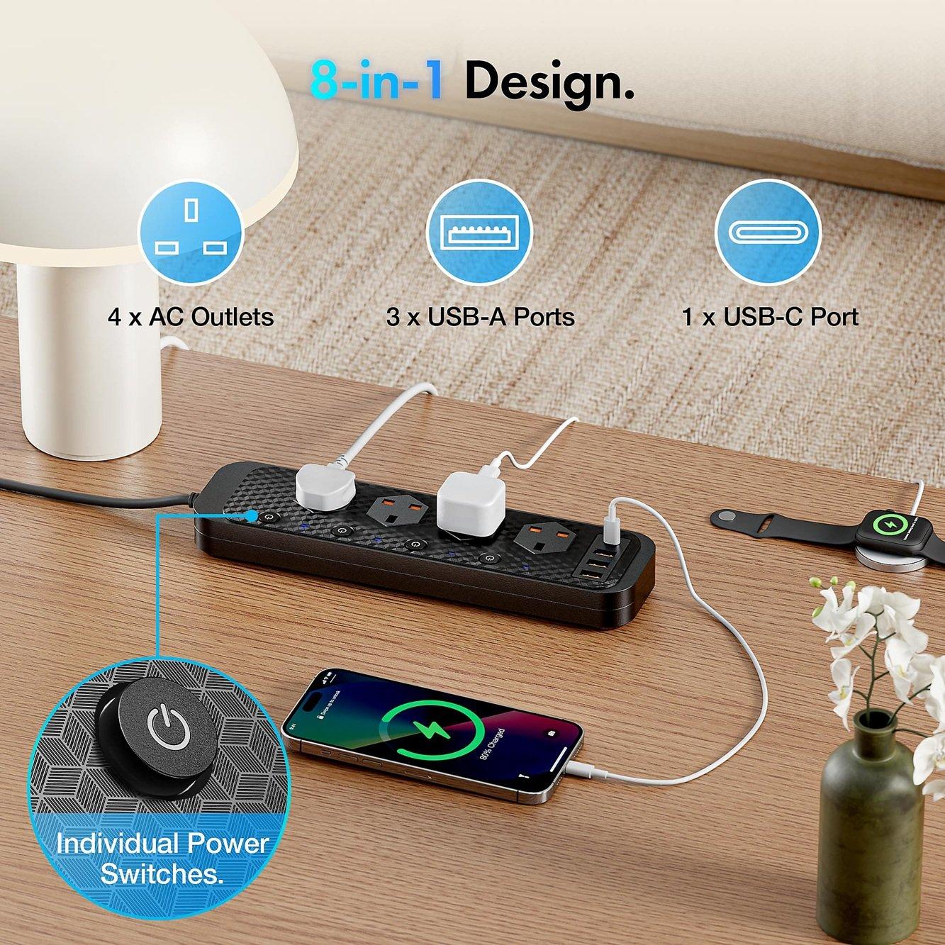 Black - VonHaus - 2M Extension Lead with USB Ports - 4