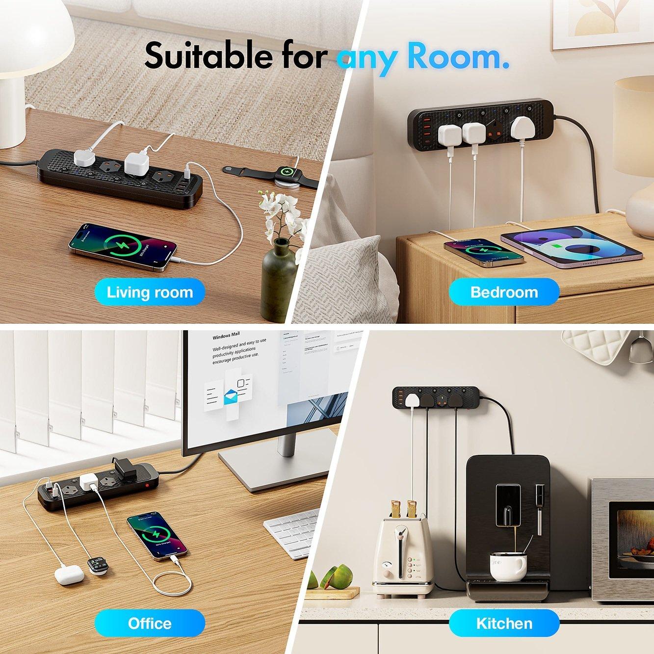 Black - VonHaus - 2M Extension Lead with USB Ports - 5