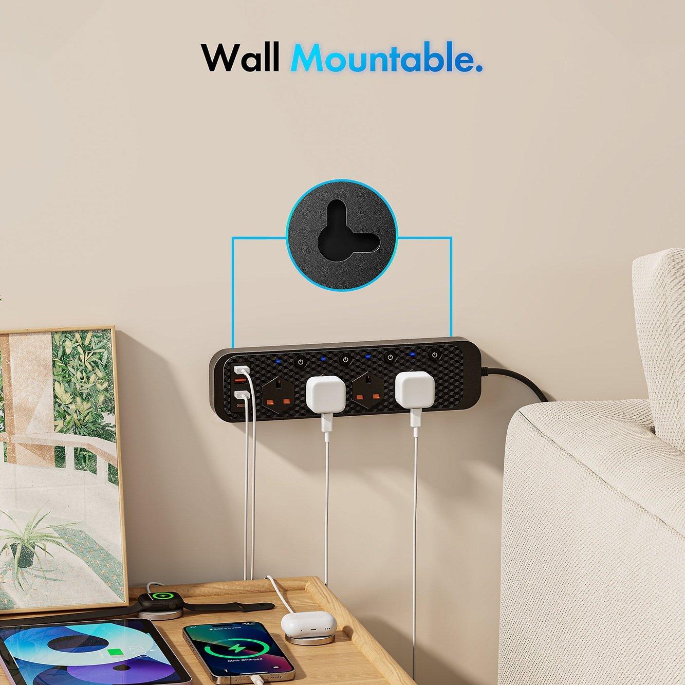 Black - VonHaus - 2M Extension Lead with USB Ports - 6