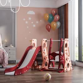 KIDKID Kids Swing Set with Basketball Hoop, Red and Pink