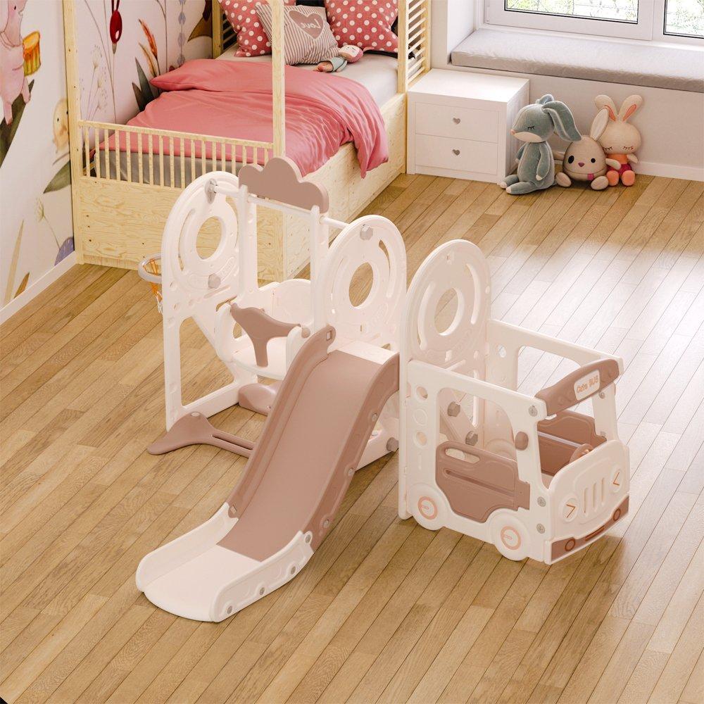 Pink - KIDKID - 3-in-1 Kids Swing and Slide Playset Beige - 7