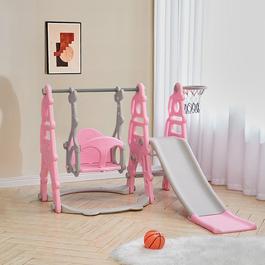 KIDKID Kid Swing and Slide Set with Basketball Hoop Pink