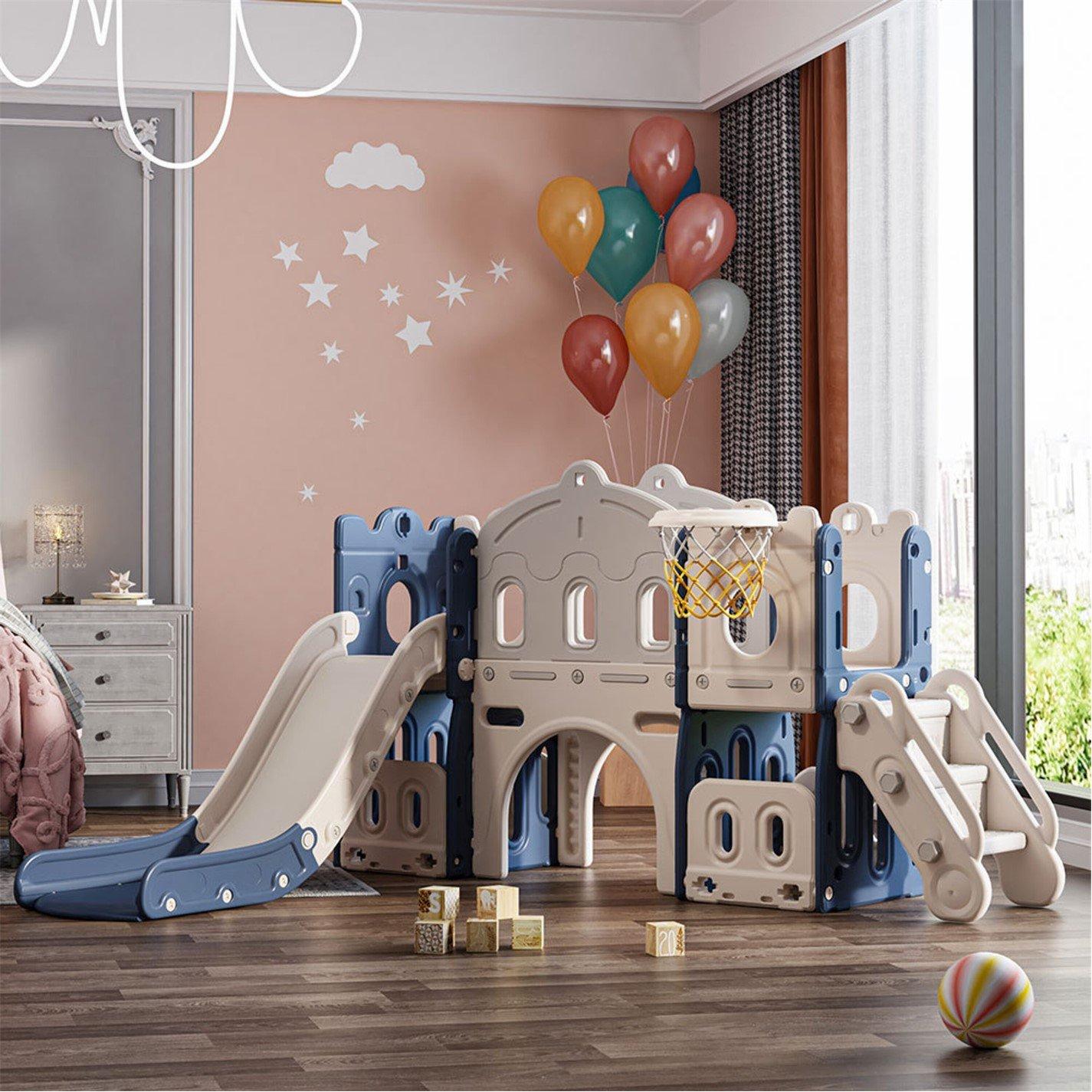 Blue - KIDKID - Kids Slide Climber with Basket Hoop Grey anf Blue - 1