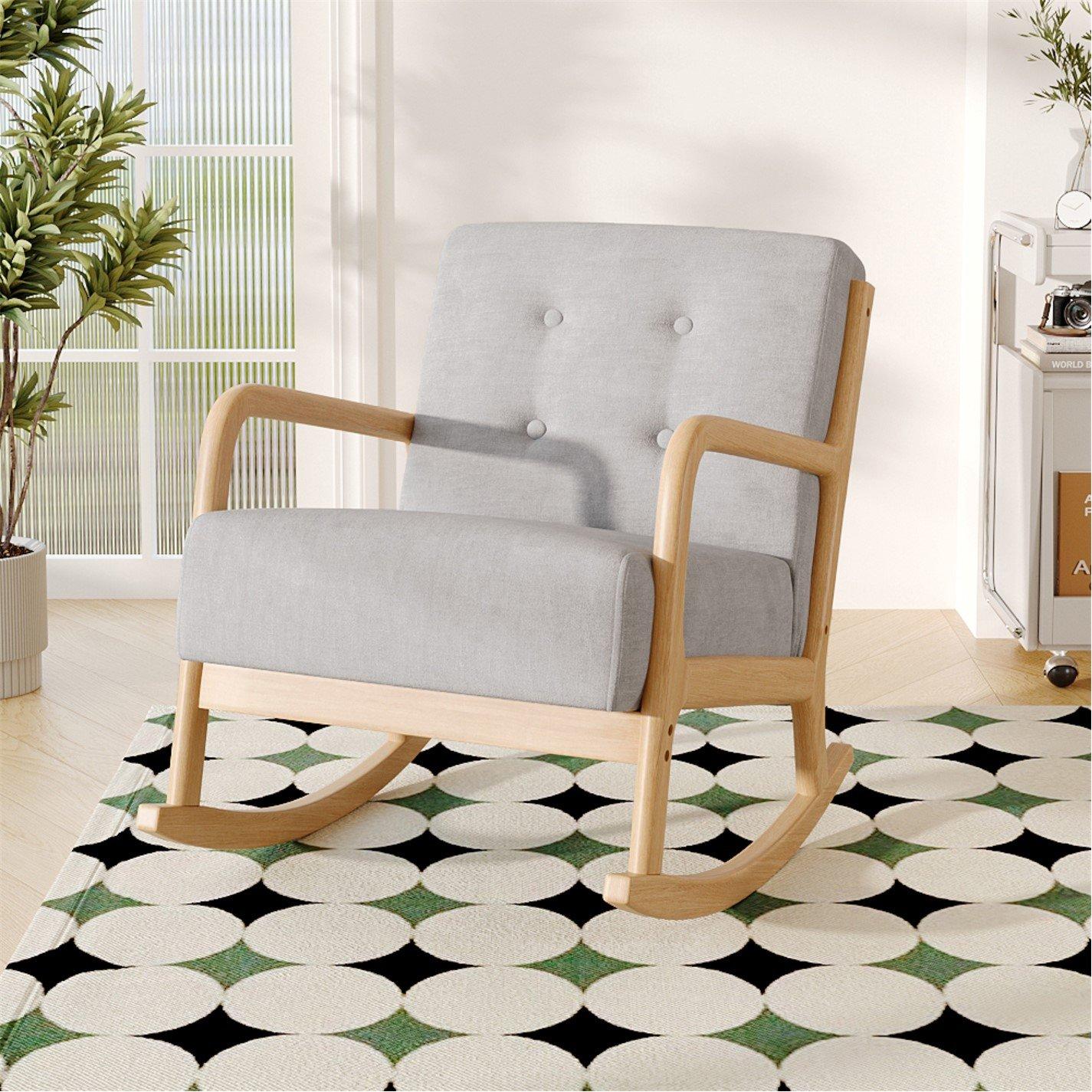 Grey - Kabinet UK - Modern Linen Buttoned Rocking Chair Grey - 2