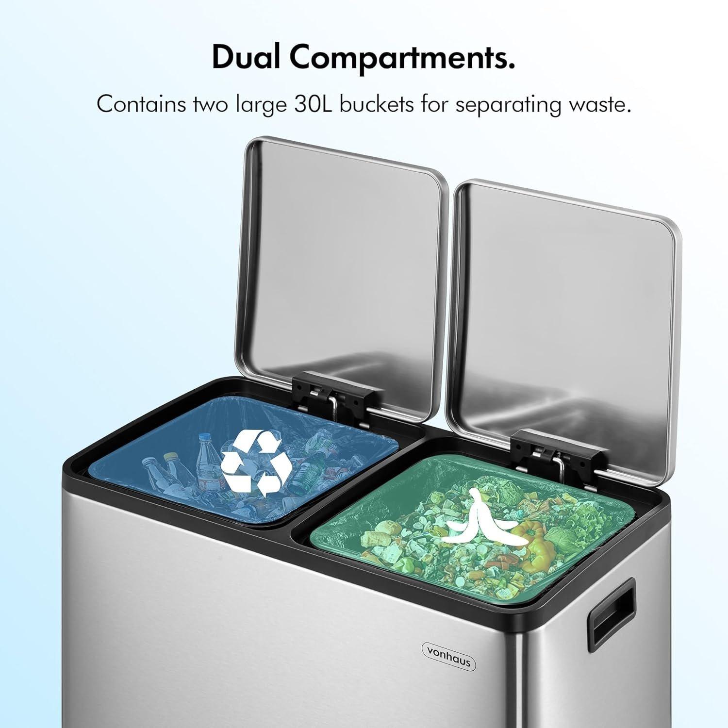 Silver - VonHaus - Double Bin - 60L - 5