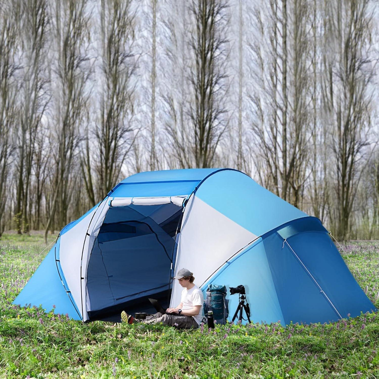 Blue - Outsunny - 4-6 Man Camping Tent with Two Bedroom - 2