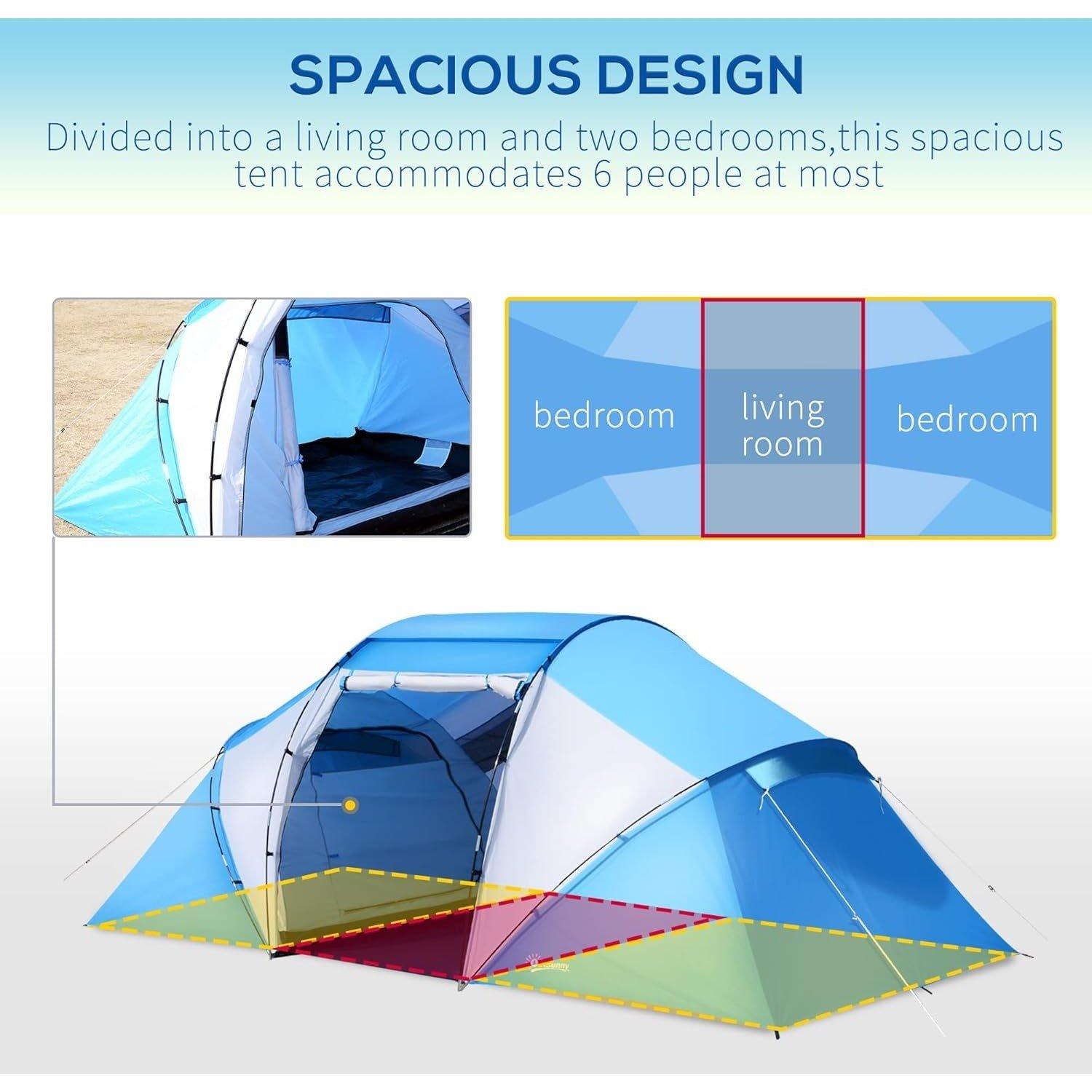 Blue - Outsunny - 4-6 Man Camping Tent with Two Bedroom - 3