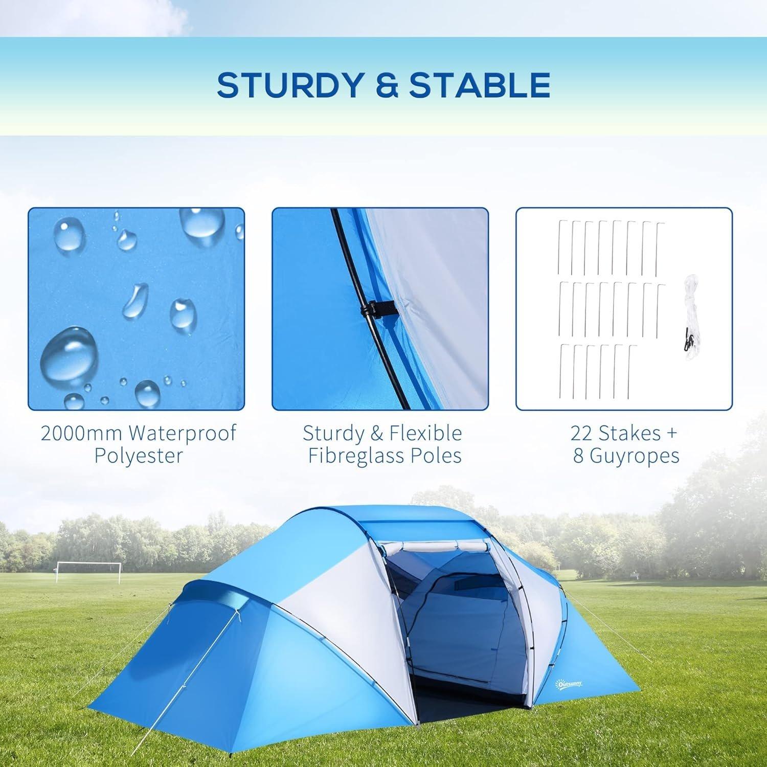 Blue - Outsunny - 4-6 Man Camping Tent with Two Bedroom - 4
