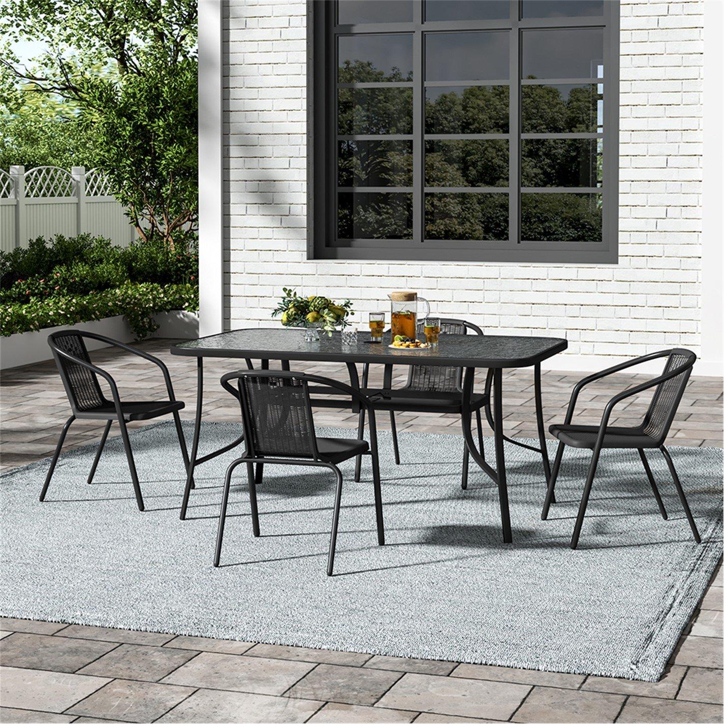 Black - Breeins - Tempered Rectangle Table with 4 Rattan Chairs - 1